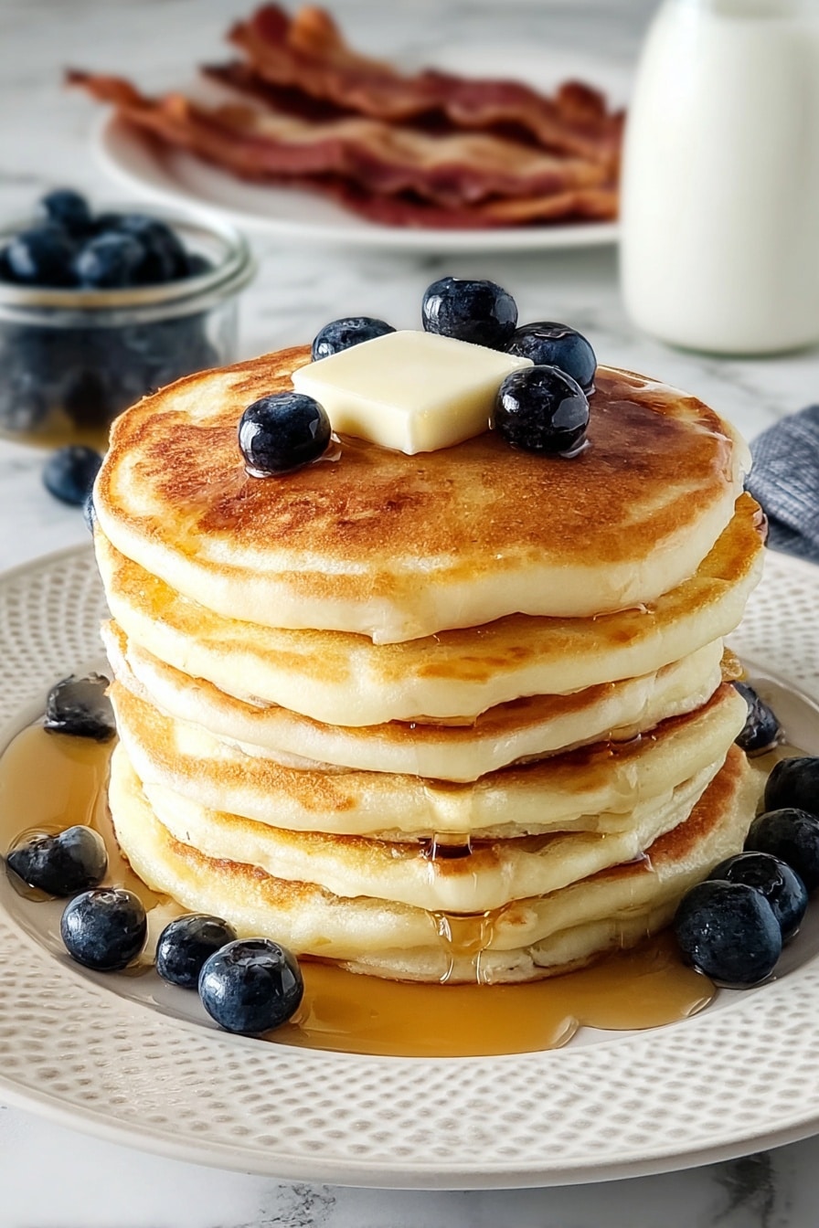 Easy Homemade Pancake Recipe 6 A tall stack of six golden brown pancakes is centered on a white plate with a textured rim. Each pancake is fluffy with a slightly uneven surface and light browned edges. On top, there is a square pat of melting butter surrounded by fresh blueberries, with maple syrup drizzled over the top and around the pancakes, pooling gently on the plate. Blueberries are scattered around the base of the stack on the plate. In the background, there is a plate of crisp bacon strips, a jar filled with more blueberries, and a glass of milk, all set on a white marbled surface. photo taken with an iphone --ar 2:3 --v 7 - Easy Homemade Pancake, homemade pancake recipe, fluffy pancake recipe, simple breakfast pancakes, beginner pancake recipe