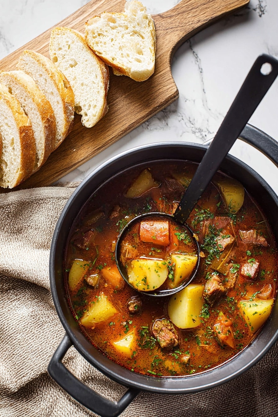 A black pot filled with a rich, brownish-red soup containing yellow potato slices, small orange meat pieces, and fresh green herbs scattered on top. A black ladle in the pot lifts some of the soup showing the chunky ingredients and herbs clearly. To the left, a wooden board holds several thick slices of white bread. A beige cloth is partially draped beneath the board, all set on a white marbled surface. Photo taken with an iphone --ar 2:3 --v 7 - Spicy Chorizo and Potato Soup, hearty spicy soup, smoky chorizo soup, potato soup with chorizo, comfort food soup