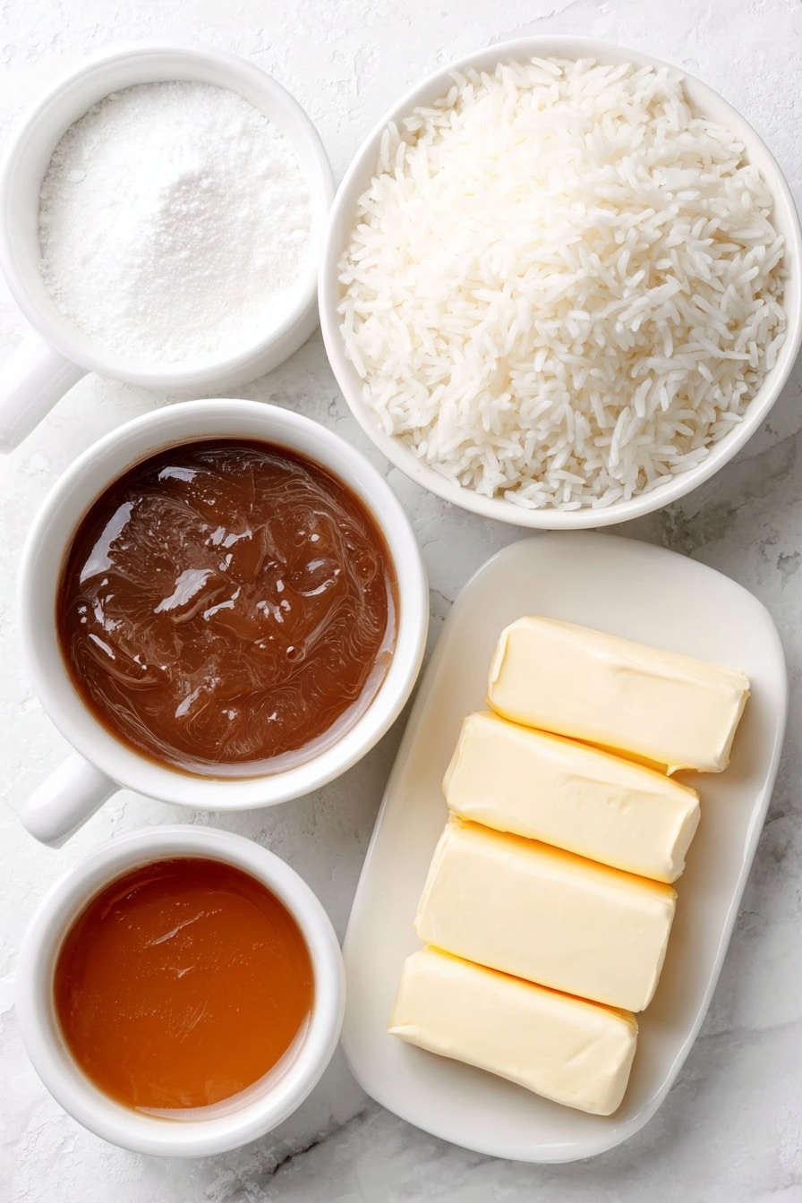 French Onion Soup Rice Bake Recipe 7 Flat lay of long grain rice in a small white ceramic bowl, rich golden butter sliced into thin pats arranged neatly on a simple white plate, two small white bowls containing deep brown beef broth and translucent caramel-colored French onion soup, all placed with perfect symmetry and balanced proportions on a clean white marble surface, soft natural light, photo taken with an iPhone, professional food photography style, fresh ingredients, white ceramic bowls, no bottles, no duplicates, no utensils, no packaging --ar 2:3 --v 7 --p m7354615311229779997 - French Onion Soup Rice Bake, easy French onion casserole, comforting rice bake, savory onion rice dish, quick French onion bake