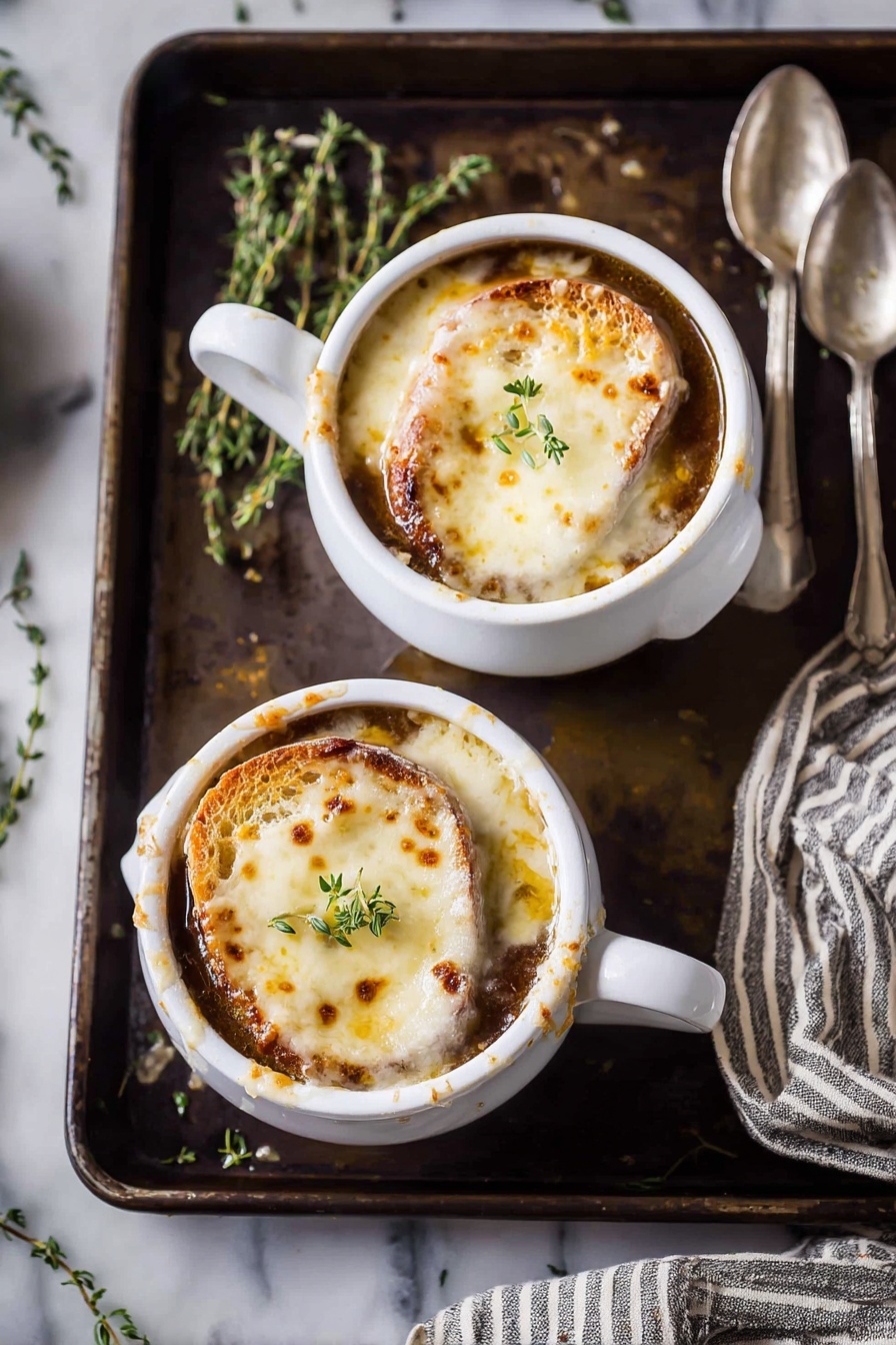 Two white bowls with handles are filled with French onion soup. Each bowl has a layer of dark brown soup at the bottom, topped with two slices of toasted bread covered by melted, browned cheese that has golden spots. On top of the cheese in each bowl, there is a small green sprig of thyme. The bowls sit on a dark baking tray that has some green thyme sprigs beside them, and a striped cloth napkin is nearby. Two metal spoons are placed on the tray beside one bowl. The surface under everything is white marble. Photo taken with an iphone --ar 2:3 --v 7 - French Onion Soup with Cheese, Classic French Onion Soup, Easy French Onion Soup, Caramelized Onion Soup, Cheesy French Onion Soup