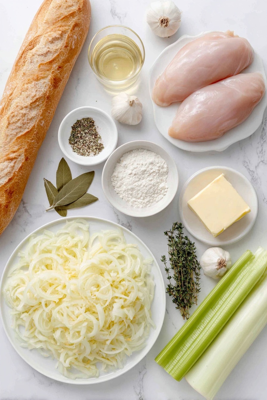 French Onion Chicken Soup Recipe 7 Flat lay of thinly sliced yellow onions spread out on a simple white ceramic plate, three whole medium carrots with bright orange skin placed next to crisp green celery stalks trimmed and whole, three unpeeled garlic cloves nestled nearby, two whole boneless skinless chicken breasts with smooth pale pink flesh resting on a white ceramic platter, a small white bowl filled with dry white wine, another small white bowl holding dry sherry, a small mound of all-purpose flour on a plain white plate, a square pat of unsalted butter with a creamy texture on a white ceramic dish, a few dried bay leaves arranged neatly on white ceramic, a small white bowl containing dried thyme, a small white bowl with kosher salt crystals, a small white bowl with freshly ground black pepper, a chunk of pale yellow Gruyère cheese sitting alongside half a crusty French baguette on a white ceramic plate, all ingredients fresh and natural, perfectly balanced and symmetrical layout, placed on a clean white marble surface, soft natural light, photo taken with an iPhone, professional food photography style, fresh ingredients, white ceramic bowls, no bottles, no duplicates, no utensils, no packaging --ar 2:3 --v 7 --p m7354615311229779997 - French Onion Chicken Soup, savory onion and chicken soup, hearty French onion soup with chicken, cheesy onion chicken bowl, comfort food recipes