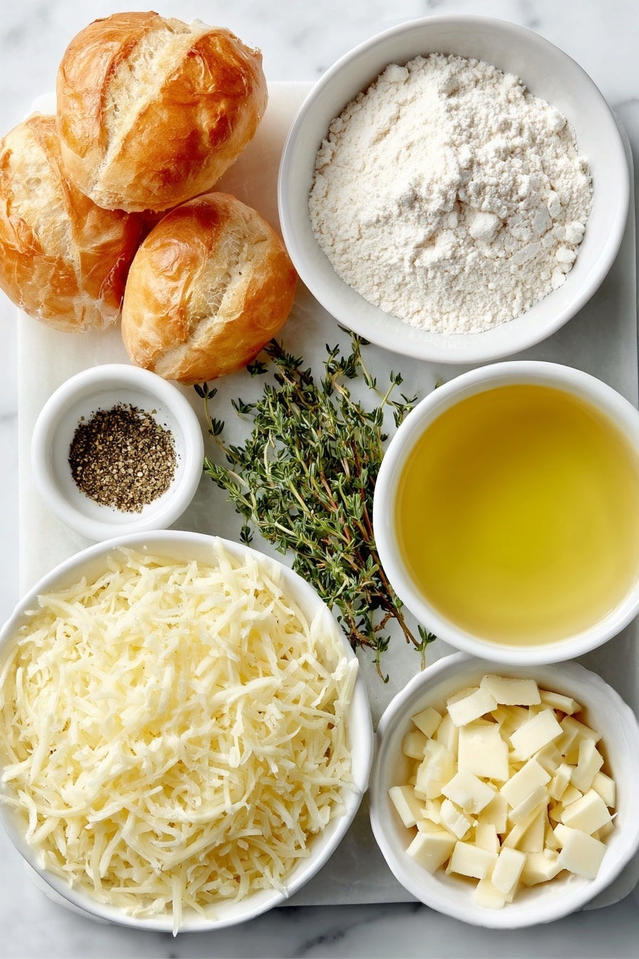 French Onion Soup with Cheesy Baguettes Recipe 7 Flat lay of a small pool of golden olive oil, a pat of creamy butter, five large yellow onions thinly sliced, a small mound of fine all-purpose flour, three peeled garlic cloves finely minced, a small white ceramic bowl filled with pale dry white wine, a medium white bowl of rich beef broth, a fresh sprig of green thyme, a scattering of coarsely ground black pepper, a glossy bay leaf, a few demi French baguette slices with rough crusts, a dollop of soft butter, a light dusting of garlic powder, a neat pile of thickly shredded pale yellow Gruyere cheese, all arranged symmetrically on a simple white ceramic platter and bowls, placed on a clean white marble surface, soft natural light, photo taken with an iPhone, professional food photography style, fresh ingredients, white ceramic bowls, no bottles, no duplicates, no utensils, no packaging --ar 2:3 --v 7 --p m7354615311229779997 - French Onion Soup with Cheesy Baguettes, caramelized onion soup, cheesy baguette topping, homemade French onion soup, comforting onion soup recipe