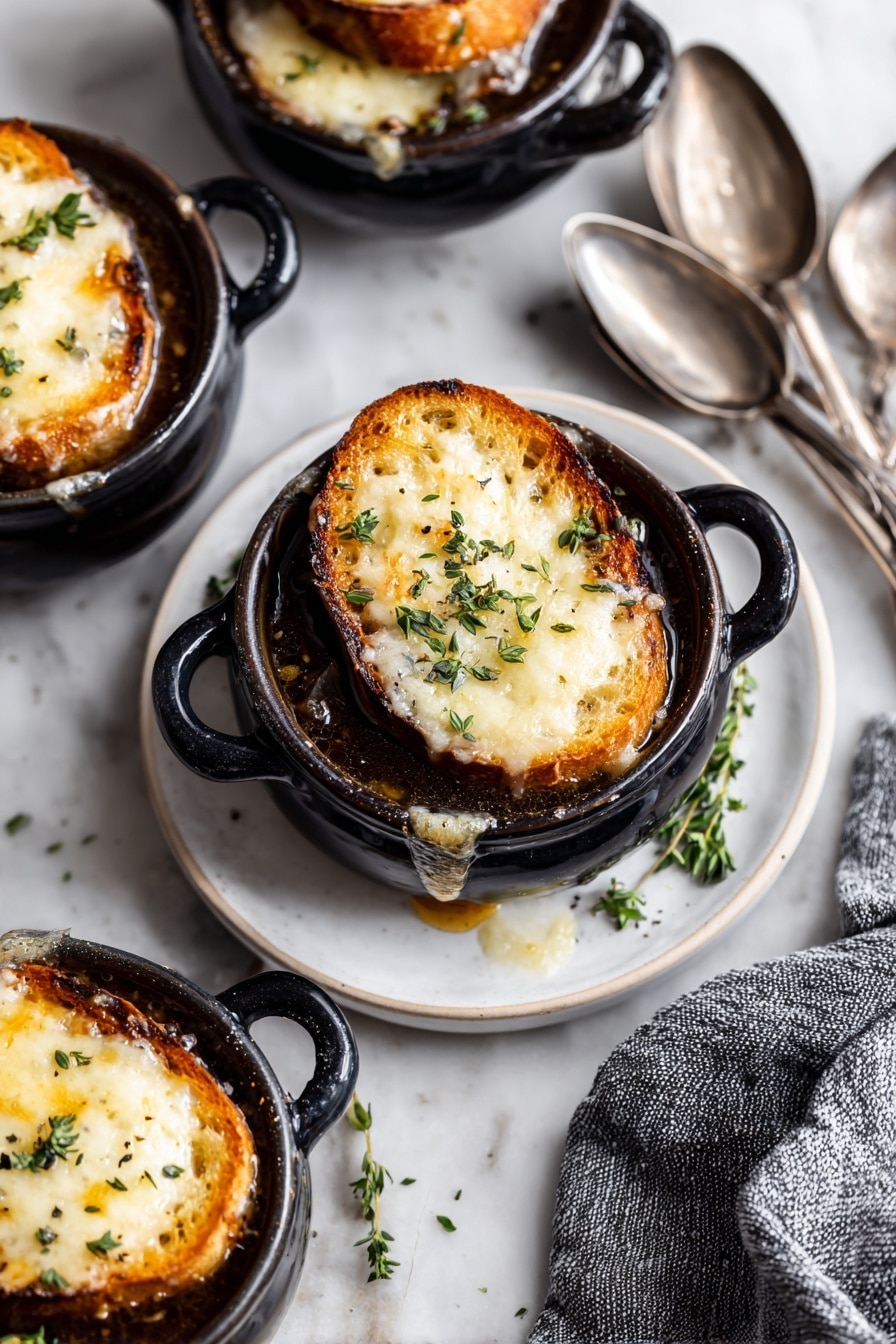 French Onion Soup with Cheesy Baguettes Recipe 8 This image shows four small black cast iron pots filled with dark brown soup, each topped with a slice of golden toasted bread covered in melted white cheese with little green herb leaves on top. One pot is placed on a simple white round plate with two small green herb sprigs beside it. The pots are arranged on a white marbled surface that also holds three silver spoons stacked together near a gray knitted cloth on the lower right side. The soup looks rich and warm with cheese slightly dripping over the edges of the pots, making the dish look very inviting photo taken with an iphone --ar 2:3 --v 7 - French Onion Soup with Cheesy Baguettes, caramelized onion soup, cheesy baguette topping, homemade French onion soup, comforting onion soup recipe