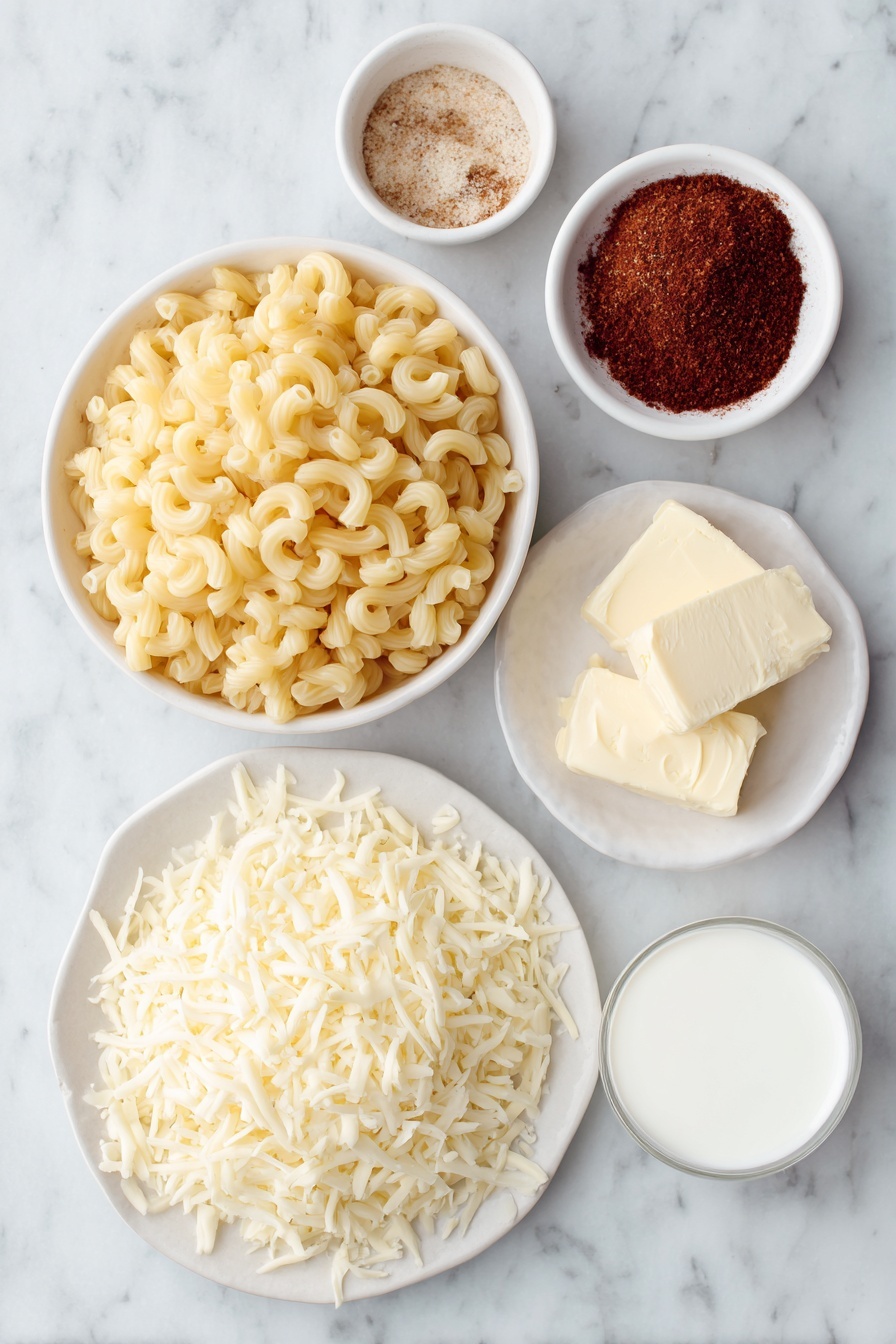 Viral Macaroni and Cheese with Cheesy Baked Casserole Recipe 7 Flat lay of uncooked cavatappi pasta in a simple white ceramic bowl, shredded colby jack cheese piled on a white plate, shredded mozzarella cheese on another white plate, shredded sharp cheddar cheese heaped on a separate white plate, a small white bowl filled with smoked paprika powder, a small white bowl with garlic powder, three tablespoons of salted butter in a white ceramic dish, a small white bowl of evaporated milk, a small white bowl holding heavy cream, and a small white bowl with smooth dijon mustard, all arranged symmetrically and balanced, placed on a clean white marble surface, soft natural light, photo taken with an iPhone, professional food photography style, fresh ingredients, white ceramic bowls, no bottles, no duplicates, no utensils, no packaging --ar 2:3 --v 7 --p m7354615311229779997 - Viral Macaroni and Cheese, cheesy baked casserole, creamy mac and cheese, cheesy baked dish, easy comfort food recipes