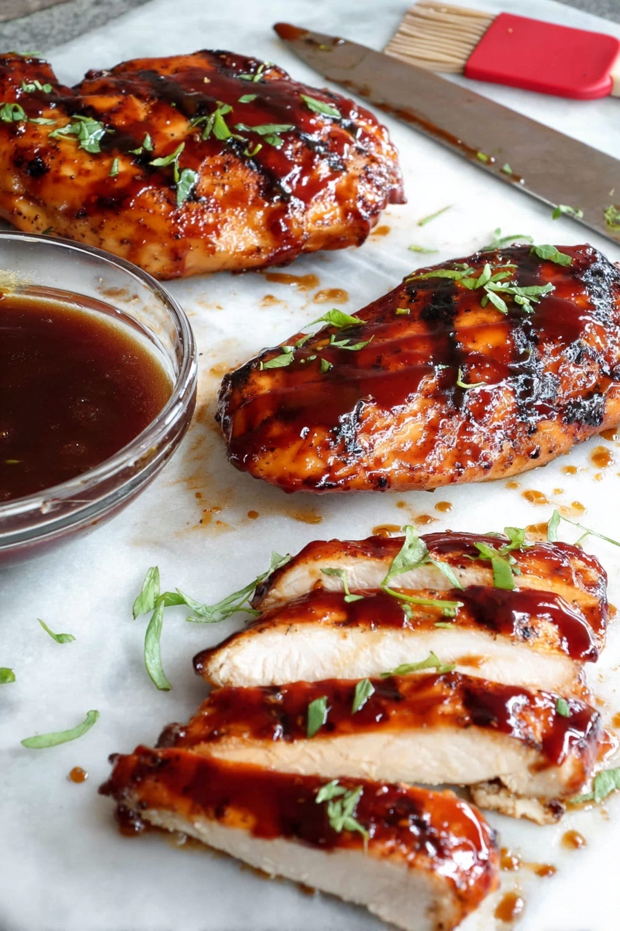 Three pieces of grilled chicken are covered in shiny, dark reddish-brown barbecue sauce on white parchment paper. One piece is whole, another one is sliced into five thick pieces with a silver knife lifting the first slice, and the third piece is whole and laid flat. Small green herb leaves are sprinkled on top of the chicken and scattered on the parchment paper around it. To the top left, there is a small clear glass bowl filled with the same dark barbecue sauce, and a red silicone brush with a wooden handle lies near the top right corner. Green parsley leaves are visible at the bottom left on a white marbled surface. Photo taken with an iphone --ar 2:3 --v 7 - Oven BBQ Chicken Breast, easy BBQ chicken dinner, baked chicken recipes, juicy oven chicken, quick chicken dinner