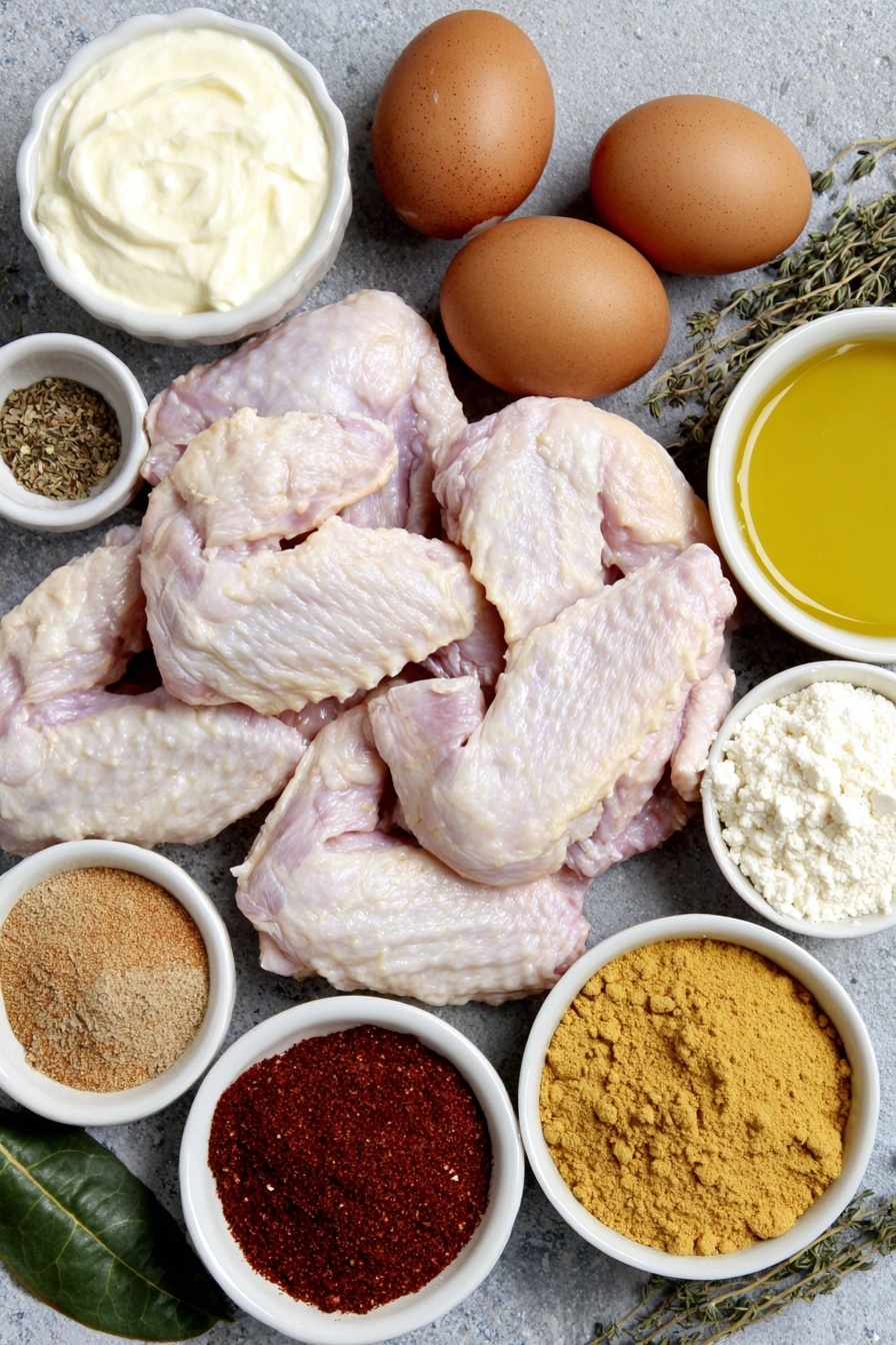 Dry Rub Baked Chicken Wings with Gorgonzola Sauce Recipe 7 Flat lay of a pile of fresh raw chicken wings with pale pink skin, a small heap of reddish-brown ancho chile powder, a small heap of deep red smoked paprika, a small heap of light tan onion powder, a small heap of coarse white kosher salt, a small mound of packed golden-brown light brown sugar, a small heap of reddish chili powder, a small heap of bright red paprika, a small heap of warm brown cumin powder, a small heap of off-white garlic powder, a small heap of reddish cayenne pepper, a small heap of pale yellow dried mustard powder, a small heap of dark ground black pepper, a small heap of dried green oregano leaves, a small heap of dried light green thyme leaves, two whole uncracked light brown eggs with smooth shells, a small white ceramic bowl filled with clear golden vegetable oil, a small white ceramic bowl of creamy white mayonnaise, a small white ceramic bowl of smooth white sour cream, a small white ceramic bowl containing crumbly blue-veined gorgonzola cheese, a small white ceramic bowl with freshly grated garlic, a small white ceramic bowl with fresh pale yellow lemon juice, a few crisp bright green celery sticks, and a few vibrant orange carrot sticks all arranged symmetrically and naturally placed on a clean white marble surface, soft natural light, photo taken with an iPhone, professional food photography style, fresh ingredients, white ceramic bowls, no bottles, no duplicates, no utensils, no packaging --ar 2:3 --v 7 --p m7354615311229779997 - Dry Rub Baked Chicken Wings with Gorgonzola Sauce, baked chicken wings, crispy chicken wings, Gorgonzola wings, flavorful chicken wing recipe