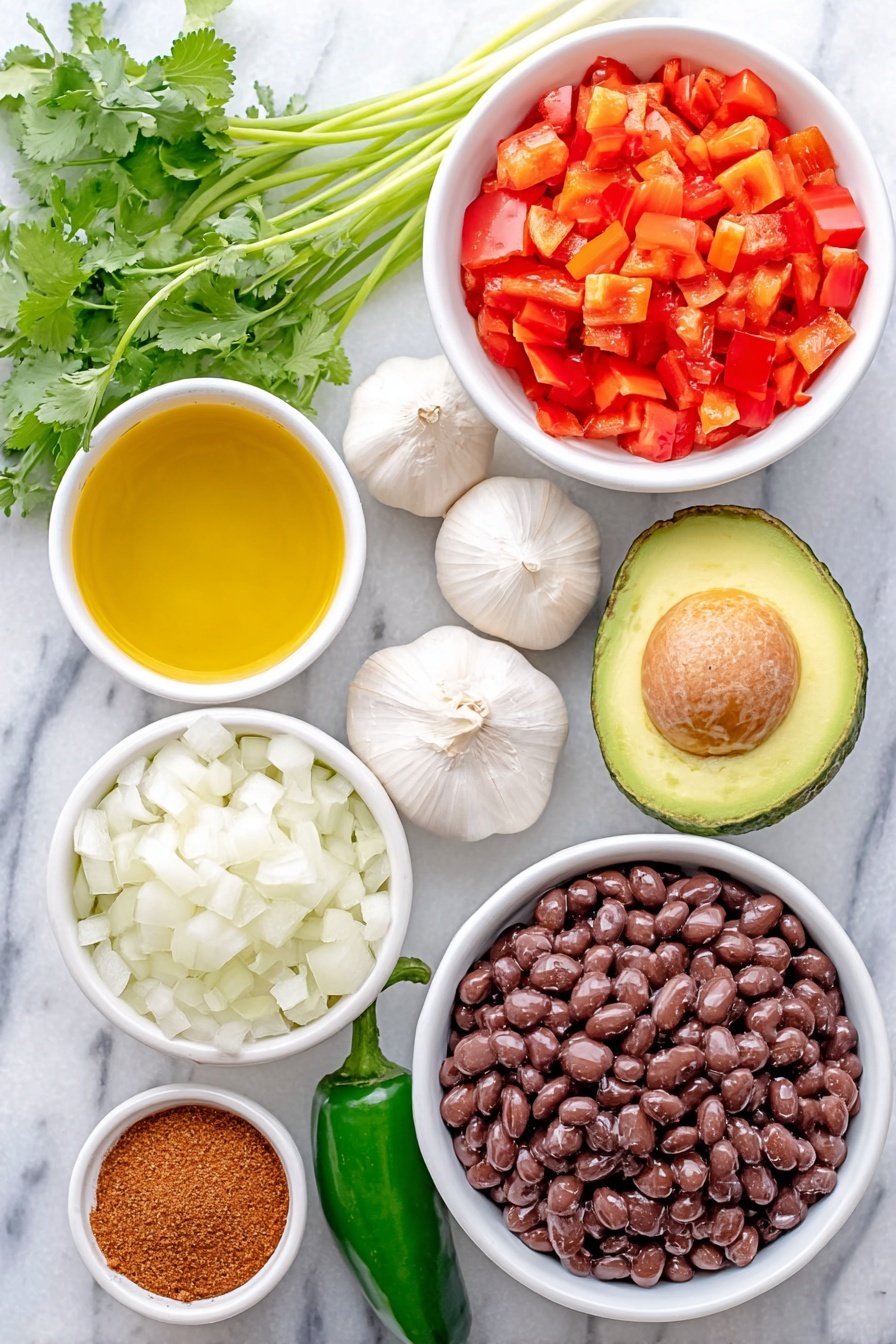 Spicy Black Bean Soup Recipe 7 Flat lay of a small white ceramic bowl of golden olive oil, a medium white onion diced into neat cubes, a medium red bell pepper diced with vibrant red pieces, one green jalapeño pepper whole and fresh, three whole uncracked garlic bulbs with smooth white skins, a small white ceramic bowl filled with warm brown ground cumin powder, another small white ceramic bowl with deep reddish ancho chile powder, a medium white ceramic bowl filled with shiny black beans, a medium white ceramic bowl with clear vegetable broth, a small white ceramic bowl containing bright green lime juice, fresh sprigs of cilantro with vibrant green leaves, a few scallions with white bulbs and long green stalks, and a ripe avocado halved showing bright green flesh and a large brown seed all arranged symmetrically, placed on a clean white marble surface, soft natural light, photo taken with an iPhone, professional food photography style, fresh ingredients, white ceramic bowls, no bottles, no duplicates, no utensils, no packaging --ar 2:3 --v 7 --p m7354615311229779997 - Spicy Black Bean Soup, black bean soup recipes, easy spicy soup, hearty vegetarian soup, smoky bean soup