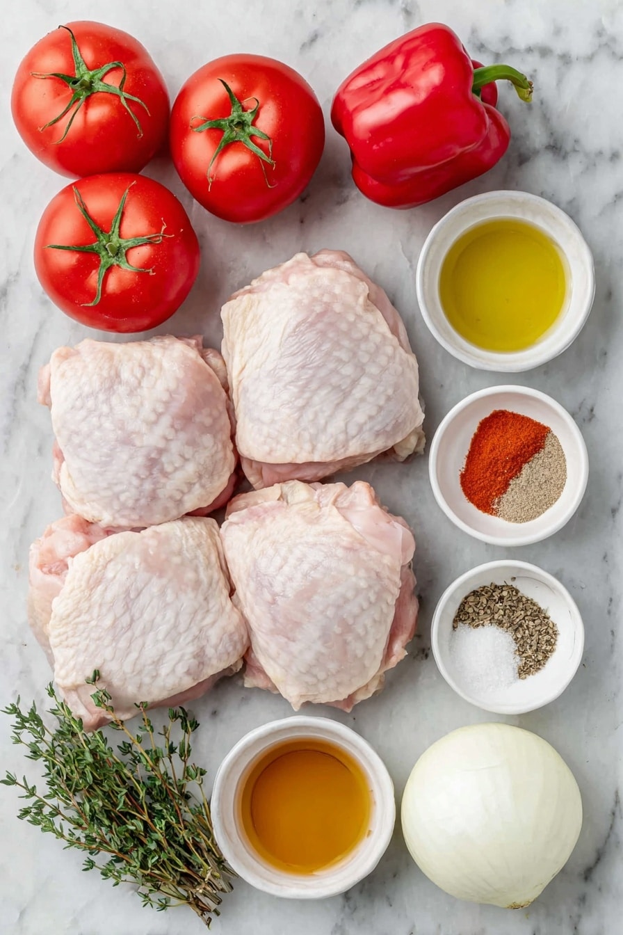 Spicy Nigerian Chicken Stew Recipe 7 Flat lay of two whole uncracked brown chicken thighs with natural skin texture, three ripe red tomatoes with green stems, one glossy red bell pepper, one small fresh orange habanero pepper, one whole white onion sliced in half showing layers, a few fresh thyme sprigs, small white ceramic bowls each containing golden olive oil, rich brown chicken stock, fine yellow curry powder, light brown bouillon powder, fine black pepper, and white salt crystals, all arranged symmetrically with balanced spacing on a clean white marble surface, soft natural light, photo taken with an iPhone, professional food photography style, fresh ingredients, white ceramic bowls, no bottles, no duplicates, no utensils, no packaging --ar 2:3 --v 7 --p m7354615311229779997 - Spicy Nigerian Chicken Stew, Nigerian Chicken Stew, Nigerian stew recipe, Nigerian chicken dishes, hot Nigerian chicken stew