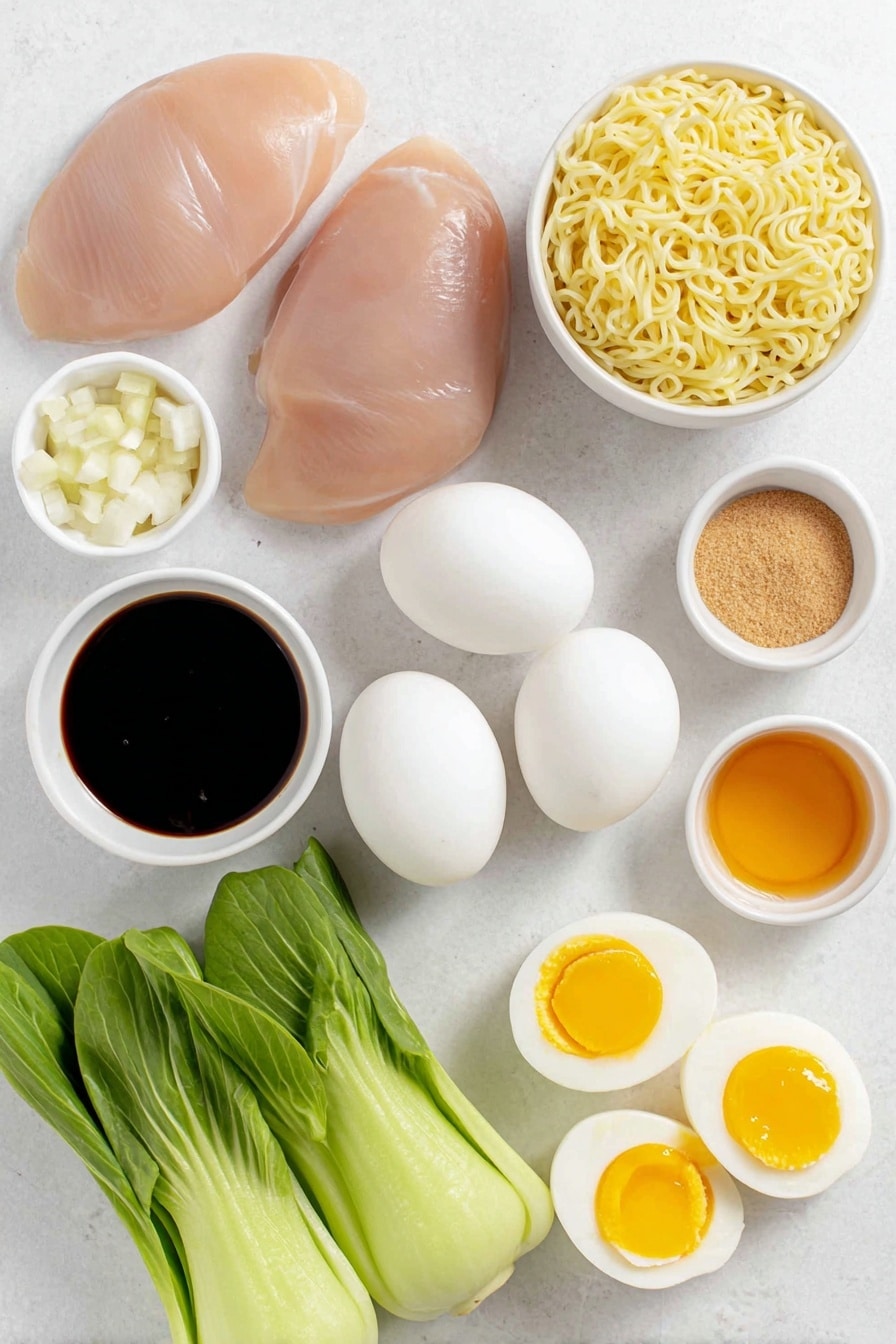 Quick and Delicious Chicken Ramen Recipe 7 Flat lay of fresh skinless chicken breasts, two whole uncracked brown eggs, two soft boiled eggs halved with bright yellow yolks, a small white ceramic bowl of dark soy sauce, a small white ceramic bowl of light amber mirin, a small white ceramic bowl of brown sugar crystals, a small white ceramic bowl of minced garlic, a small white ceramic bowl of ground ginger powder, a simple white ceramic bowl filled with clear golden chicken broth, two bundles of fresh ramen noodles, fresh bright green bok choy leaves, and a small bunch of vibrant green scallions arranged in perfect symmetry on a clean white marble surface, soft natural light, photo taken with an iPhone, professional food photography style, fresh ingredients, white ceramic bowls, no bottles, no duplicates, no utensils, no packaging --ar 2:3 --v 7 --p m7354615311229779997 - Quick and Delicious Chicken Ramen, quick ramen recipe, easy chicken ramen, homemade chicken ramen, flavorful ramen bowl