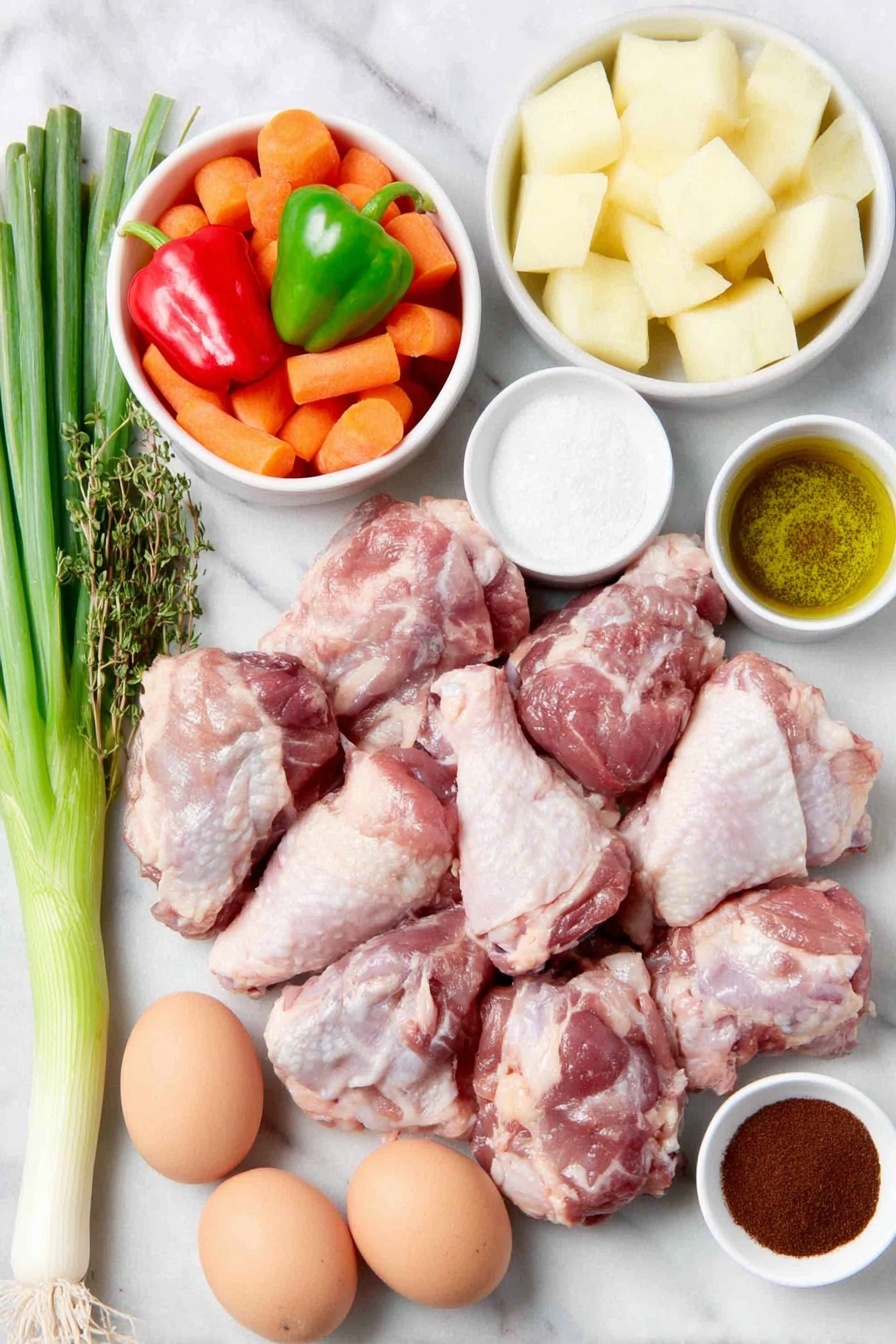 Jamaican Curry Chicken Recipe 7 Flat lay of fresh raw chicken drumsticks and thigh pieces without skin, peeled russet potatoes cut into cubes, peeled and chopped orange carrots, chopped green bell pepper, whole uncracked brown eggs, three whole scotch bonnet peppers with shiny red and orange skins, two fresh green onions (scallions) with crisp white bulbs and long green stalks, three garlic cloves with papery white skins, fresh thyme sprigs with tiny green leaves, small white ceramic bowls containing golden extra virgin olive oil, dark organic brown sugar crystals, creamy full-fat coconut milk, and a blend of Jamaican curry powder and smoked paprika powders, all arranged in perfect symmetry on a clean white marble surface, soft natural light, photo taken with an iPhone, professional food photography style, fresh ingredients, white ceramic bowls, no bottles, no duplicates, no utensils, no packaging --ar 2:3 --v 7 --p m7354615311229779997 - Jamaican Curry Chicken, Jamaican Curry Chicken authentic, Jamaican curry chicken recipe, Caribbean chicken curry, spicy Jamaican chicken