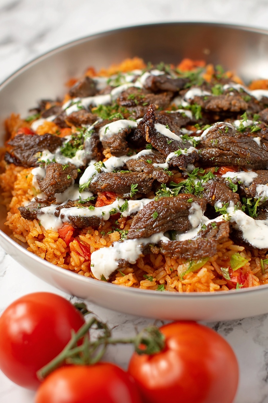 Steak and Queso Basmati Rice Recipe 6 The image shows a white bowl filled with two main layers: the bottom layer is orange-red rice mixed with small bits of vegetables, creating a textured base, and the top layer consists of dark brown, grilled beef strips scattered evenly over the rice. A light drizzle of white sauce is spread across the beef and rice, and small green herbs are sprinkled on top, adding a fresh contrast. In the foreground, on the white marbled surface, there are two small red tomatoes with green stems, slightly out of focus. Photo taken with an iphone --ar 2:3 --v 7 - Steak and Queso Basmati Rice, steak and queso recipe, flavorful beef and rice dish, easy steak and cheese skillet, comforting rice and steak dinner