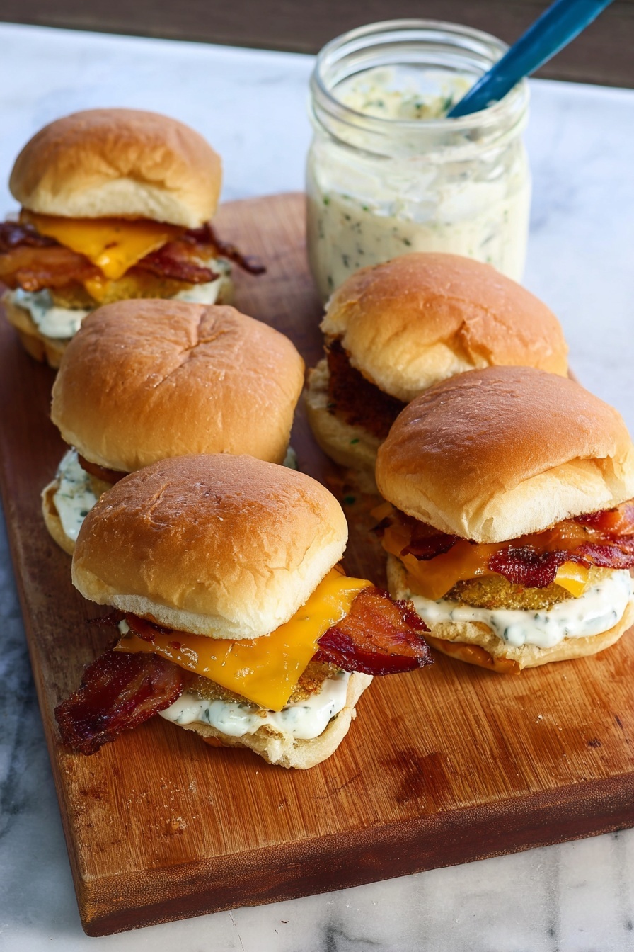 Chicken Bacon Ranch Sliders on Blackstone Griddle Recipe 8 Four mini sandwiches sit on a wooden cutting board, each with a soft light brown bun that has small cracks on top. The bottom layer is creamy white sauce with green herbs, topped with a crispy golden fried layer or a cooked beef patty for some. Above that, there is bright orange melted cheese and a thick piece of reddish-brown bacon. In the back, there is a glass jar filled with white sauce with green specks and a blue spoon inside. The whole scene has a white marbled texture under the board. Photo taken with an iphone --ar 2:3 --v 7 - Chicken Bacon Ranch Sliders on Blackstone Griddle, Chicken Bacon Ranch Sliders, Blackstone Griddle Slider Recipes, Easy Chicken Sliders, Game Day Slider Ideas