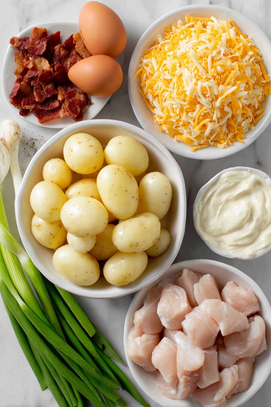 Loaded Ranch Chicken and Potato Casserole Recipe 7 Flat lay of baby Boomer little potatoes whole and halved showing creamy yellow flesh, raw boneless skinless chicken breasts cut into bite-sized cubes, a few whole brown eggs with clean shells, a small white bowl of creamy ranch dressing, a small white bowl filled with shredded Mexican cheese blend in yellow, white, and orange tones, a small white bowl with crisp cooked crumbled bacon, a small bunch of fresh green onions with white bulbs and green stalks, salt and pepper sprinkled neatly on the surface, all arranged in perfect symmetry on simple white ceramic bowls and plates, placed on a clean white marble surface, soft natural light, photo taken with an iPhone, professional food photography style, fresh ingredients, white ceramic bowls, no bottles, no duplicates, no utensils, no packaging --ar 2:3 --v 7 --p m7354615311229779997 - Loaded Ranch Chicken and Potato Casserole, cheesy chicken and potato casserole, easy loaded baked potato casserole, ranch chicken potato bake, hearty comfort casserole
