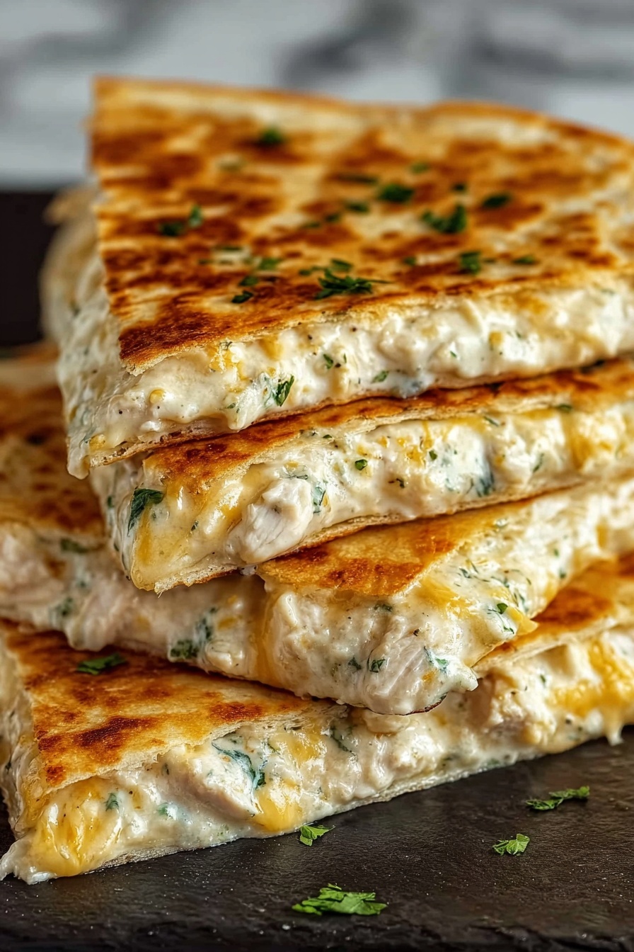 High-Protein Chicken Ranch Quesadilla Recipe 6 The image shows a close-up of a stack of four golden-brown quesadilla wedges placed on a dark surface with a white marbled texture in the background. Each quesadilla layer is thin and crispy, with melted white and yellow cheese mixed with small pieces of white chicken and green herbs spread evenly inside. The filling is thick and creamy, oozing slightly from the edges where the triangles overlap. Small green herb pieces are sprinkled on top of the stack. Photo taken with an iphone --ar 2:3 --v 7 - High-Protein Chicken Ranch Quesadilla, healthy chicken quesadilla, protein-packed snack, easy chicken lunch, cheesy ranch quesadilla