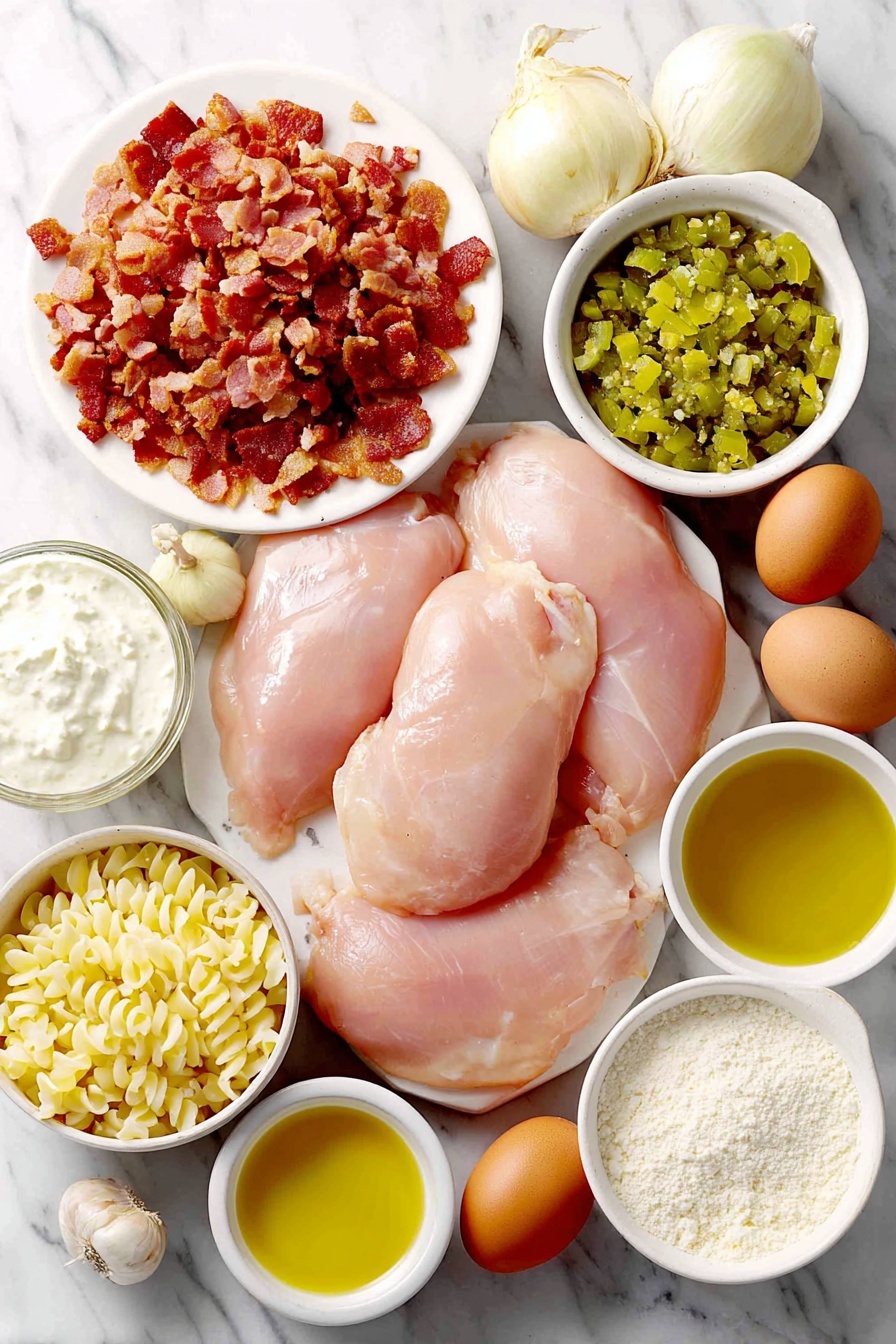 Creamy Pepperoncini Chicken Skillet Recipe 7 Flat lay of fresh boneless skinless chicken breasts, a small mound of chopped crispy bacon, a whole shallot, whole garlic cloves peeled and unbroken, a small white bowl of chopped bright green pickled pepperoncinis, a small white bowl filled with creamy white Greek yogurt, a small white bowl of smooth coconut milk, a small white bowl of golden olive oil, a small white bowl of rich chicken broth, a few whole brown eggs, a small white bowl of gluten-free flour, a white ceramic dish with fresh flat-leaf parsley sprigs, and a handful of uncooked gluten-free fusilli pasta, all arranged symmetrically on a clean white marble surface, soft natural light, photo taken with an iPhone, professional food photography style, fresh ingredients, white ceramic bowls, no bottles, no duplicates, no utensils, no packaging --ar 2:3 --v 7 --p m7354615311229779997 - Creamy Pepperoncini Chicken Skillet, pepperoncini chicken recipe, easy chicken skillet dinner, tangy chicken recipe, one-pan chicken dish