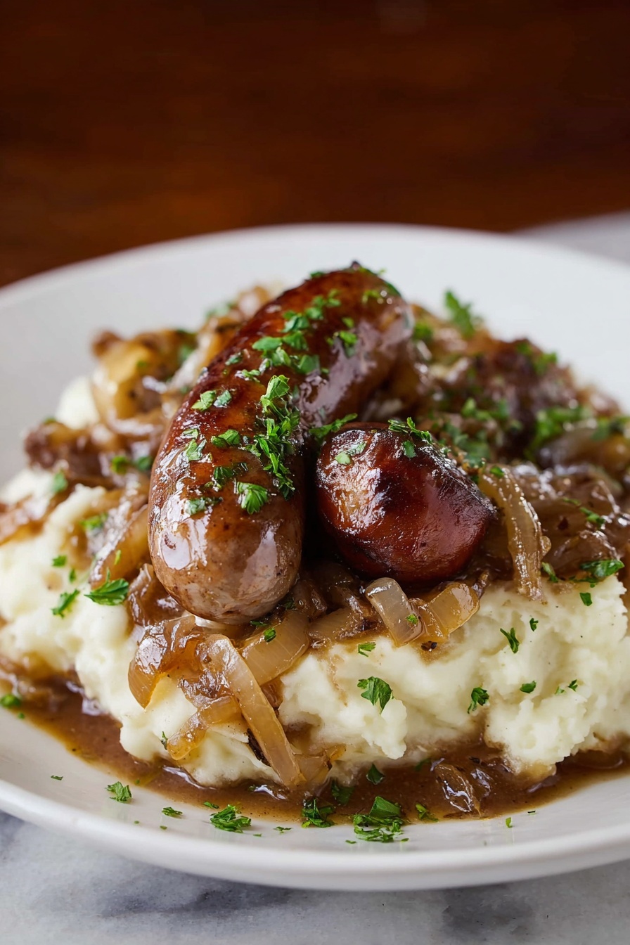 Stout Sausage with Onion Gravy and Mashed Potatoes Recipe 6 A white plate holds a mound of creamy mashed potatoes as the bottom layer, topped with rich brown gravy mixed with caramelized onions that appear soft and slightly translucent. On top, there are two browned sausages, one larger and one smaller, with a shiny, slightly crispy texture on the outside. The dish is sprinkled with fresh green chopped herbs for a pop of color. The setting has a white marbled surface and a deep brown blurred background, making the food stand out clearly. photo taken with an iphone --ar 2:3 --v 7 - Stout Sausage with Onion Gravy and Mashed Potatoes, hearty sausage dish with stout beer, comforting sausage and gravy recipe, easy shepherd's pie alternative, flavorful sausage dinner
