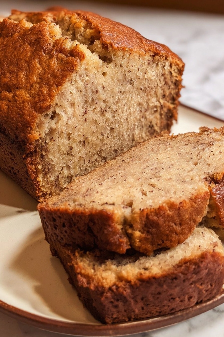 The image shows a loaf of banana bread placed on a white plate with a brown rim, sitting on a white marbled surface. The loaf is cut into thick slices, revealing its soft, moist interior with a light brown color and small darker brown specks spread evenly throughout. The crust is darker brown with a slightly rough, cracked texture, forming a thick layer around the softer inside. The bread looks dense but tender. Photo taken with an iphone --ar 2:3 --v 7 - Banana Bread, Easy Banana Bread, Homemade Banana Bread, Quick Banana Bread, Best Banana Bread