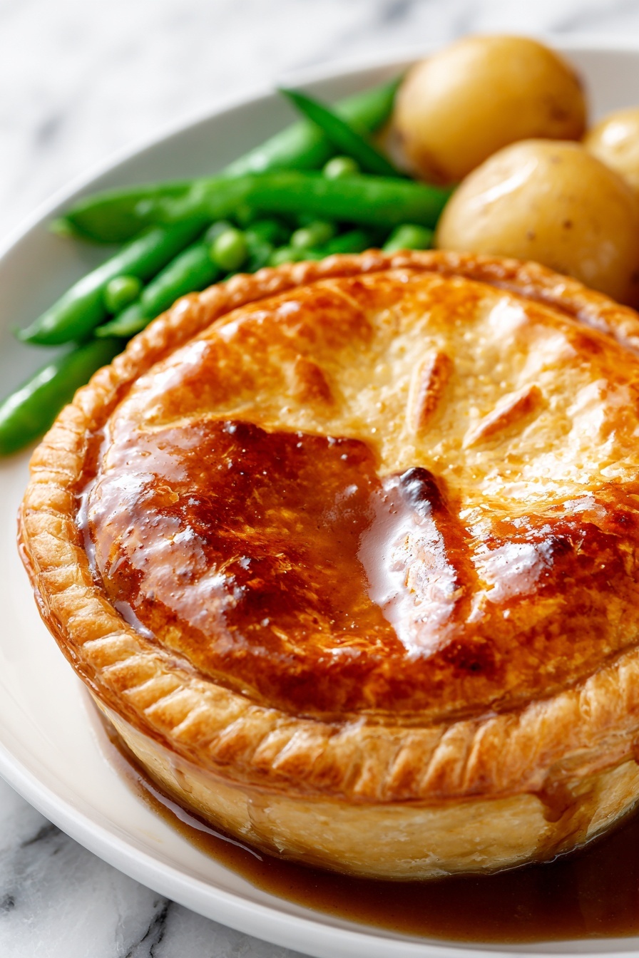 The image shows a close-up of a pie with a golden brown flaky crust forming a round edge. The crust has a slightly uneven texture with crispy browned spots. Inside the crust is a glossy brown sauce with a smooth surface that reflects light. The pie is placed on a white plate, and around the edges, there are light brown small potatoes with slightly rough skin and bright green snap peas with smooth and shiny surfaces. The background is a white marbled texture. photo taken with an iphone --ar 2:3 --v 7 - Classic Lamb Scotch Pie, Lamb Scotch Pie recipe, traditional Scotch pie, hearty lamb pie, savory meat pies