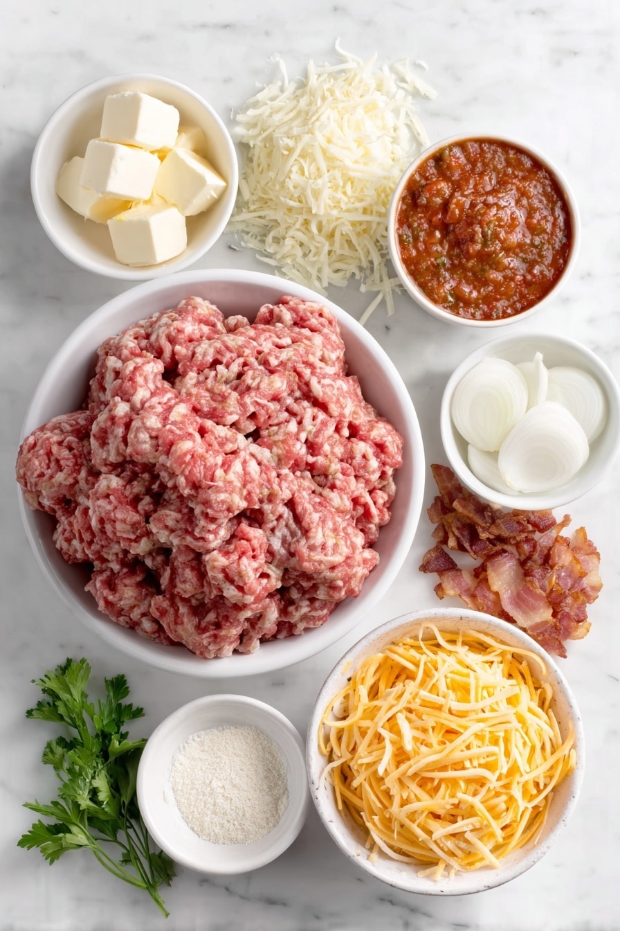 Parmesan Garlic Bacon Cheeseburger Lasagna Recipe 7 Flat lay of a mound of rich raw ground beef, a small diced yellow onion, three peeled garlic cloves, crispy crumbled bacon pieces, a white ceramic bowl filled with vibrant red marinara sauce, a small white bowl of golden unsalted butter cubes, a small white bowl with all-purpose white flour, a small white bowl of whole milk, a heap of finely grated pale Parmesan cheese, a small white bowl of bright garlic powder, a stack of flat pale yellow lasagna noodles, a pile of shredded mozzarella cheese in off-white strands, a pile of shredded cheddar cheese in bright orange strands, a small white bowl with finely grated Parmesan for topping, and a few sprigs of fresh green parsley, all placed on a clean white marble surface, soft natural light, photo taken with an iPhone, professional food photography style, fresh ingredients, white ceramic bowls, no bottles, no duplicates, no utensils, no packaging --ar 2:3 --v 7 --p m7354615311229779997 - Parmesan Garlic Bacon Cheeseburger Lasagna, cheeseburger lasagna with bacon, cheesy baked lasagna with garlic and Parmesan, hearty cheeseburger casserole, easy bacon lasagna recipe