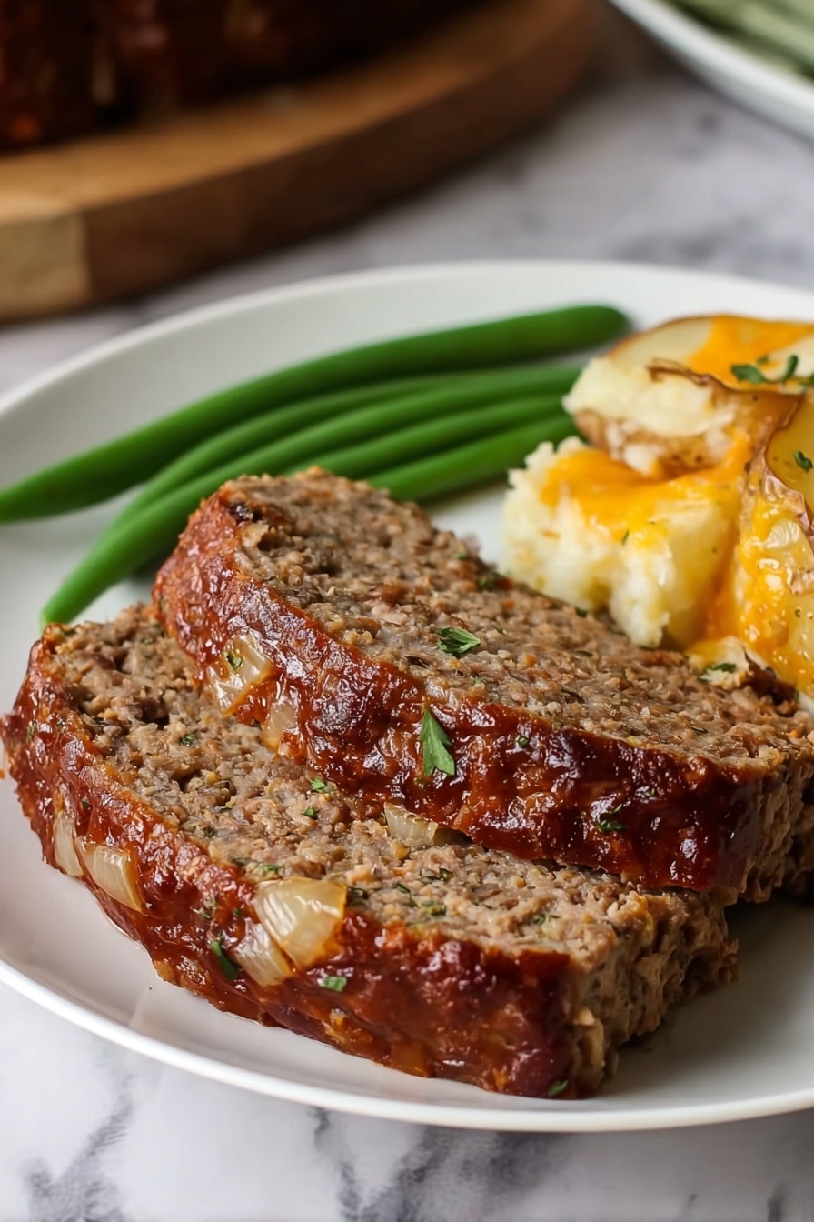 Classic Meatloaf with BBQ Sauce Recipe 6 The image shows two thick slices of meatloaf with a brown, slightly shiny outer layer and a coarse texture inside, speckled with bits of onion and herbs. The meatloaf slices rest on the left side of a white plate. On the right side of the plate, there is a serving of golden, baked potatoes with visible cheese melted on top, creating a slightly crispy texture. Behind the meatloaf and potatoes, there are three bright green cooked green beans arranged horizontally. The plate is placed on a white marbled surface. Photo taken with an iphone --ar 2:3 --v 7 - Classic Meatloaf with BBQ Sauce, meatloaf with BBQ glaze, hearty meatloaf recipe, easy meatloaf dinner, flavorful meatloaf with sauce