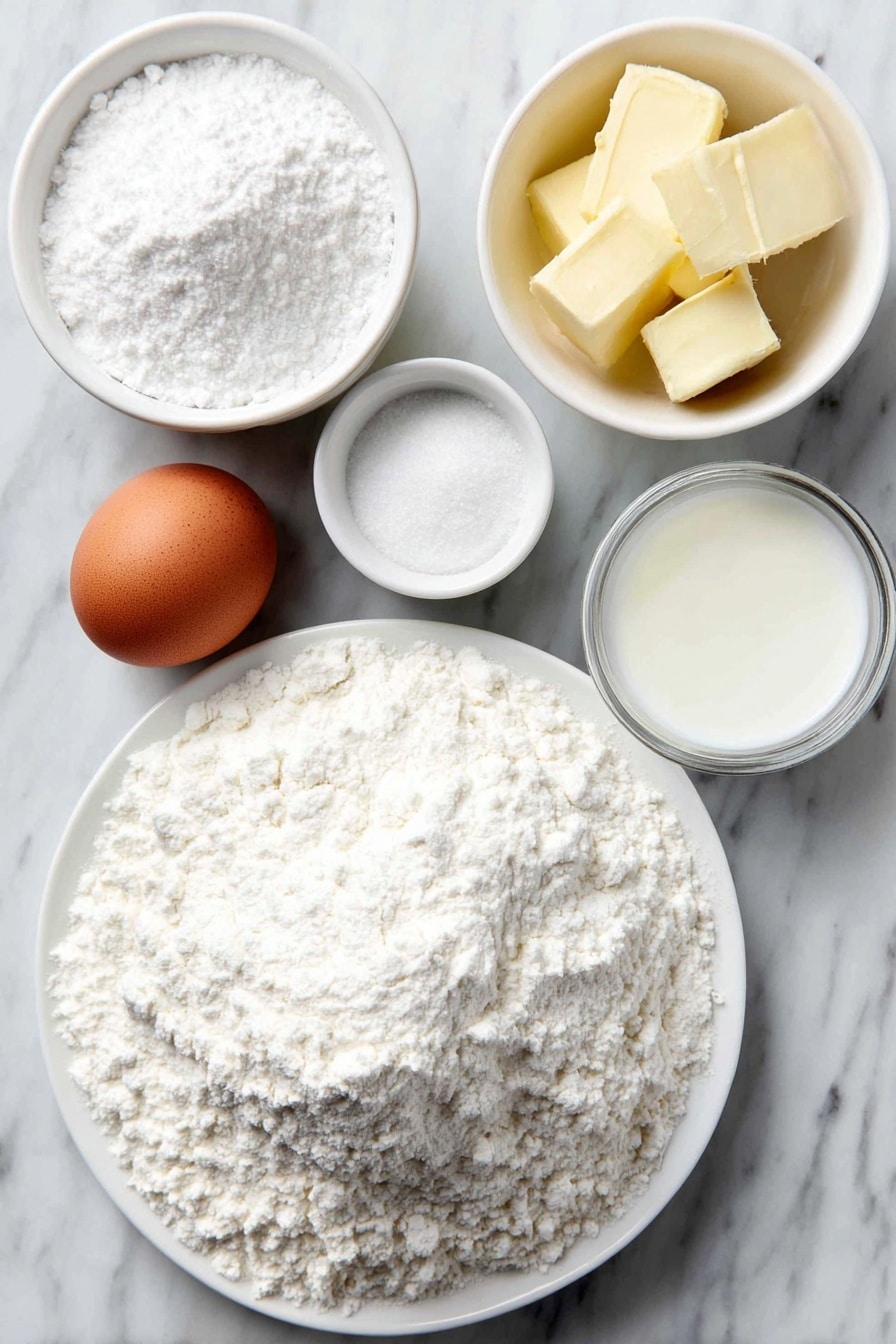 Fluffy Pancake Recipe 7 Flat lay of a small mound of all-purpose flour on a white ceramic plate, a small white bowl of aluminum-free baking powder, a tiny white bowl of salt, a small white bowl of granulated sugar, a small white bowl of milk, one whole uncracked brown egg, a small white bowl containing melted butter, and a small white bowl of clear vanilla extract placed symmetrically on a clean white marble surface, soft natural light, photo taken with an iPhone, professional food photography style, fresh ingredients, white ceramic bowls, no bottles, no duplicates, no utensils, no packaging --ar 2:3 --v 7 --p m7354615311229779997 - Fluffy Pancake, Fluffy Pancake Recipe, Easy Breakfast Pancakes, Tender Pancakes, Best Pancake Tips