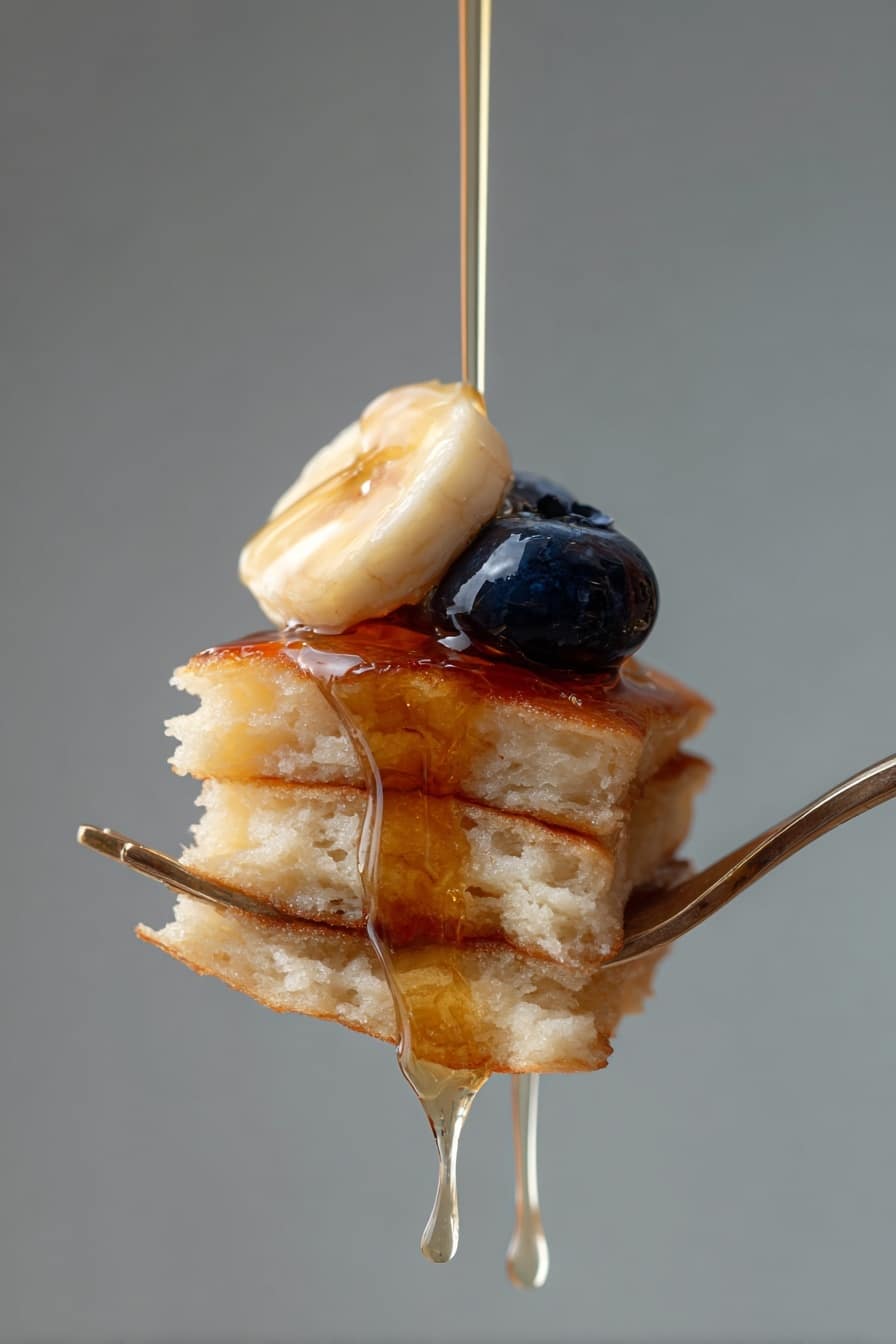 Banana Pancakes Recipe 6 A stack of four thick, fluffy pancakes with a light golden brown color sits on a white plate. On top of the pancakes, there are several round slices of pale yellow banana and a few plump, deep blue blueberries. More banana slices and blueberries are scattered around the base of the pancake stack on the plate. The plate is placed on a white marbled surface, and the background is softly blurred with warm tones. Photo taken with an iphone --ar 2:3 --v 7 - Banana Pancakes, easy banana pancakes, fluffy banana pancakes, healthy banana pancake recipe, quick breakfast banana pancakes