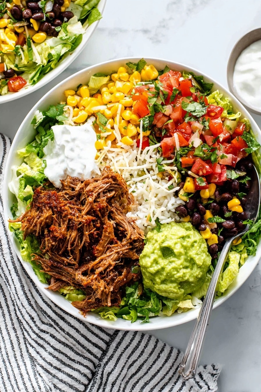 Instant Pot Carnitas Burrito Bowls Recipe 8 A round dark plate sits on a white marbled surface covered by a wooden board, filled with a colorful layered dish. At the bottom right, a large portion of fluffy white rice with green herbs forms the base, topped with shredded light brown meat on the top right. On the top left, there is a bed of bright green leafy lettuce. Next to the lettuce, a mix of black beans and diced red tomatoes creates a rich splash of color. Thin, curved strips of red and orange peppers lie on the left side, layered over some melted white cheese. A spoon with green guacamole is being added on top of the rice by a woman's hand in the center right of the image. Photo taken with an iphone --ar 2:3 --v 7 - Instant Pot Carnitas Burrito Bowls, easy burrito bowl recipe, quick Mexican dinner ideas, healthy Instant Pot meals, customizable burrito bowls