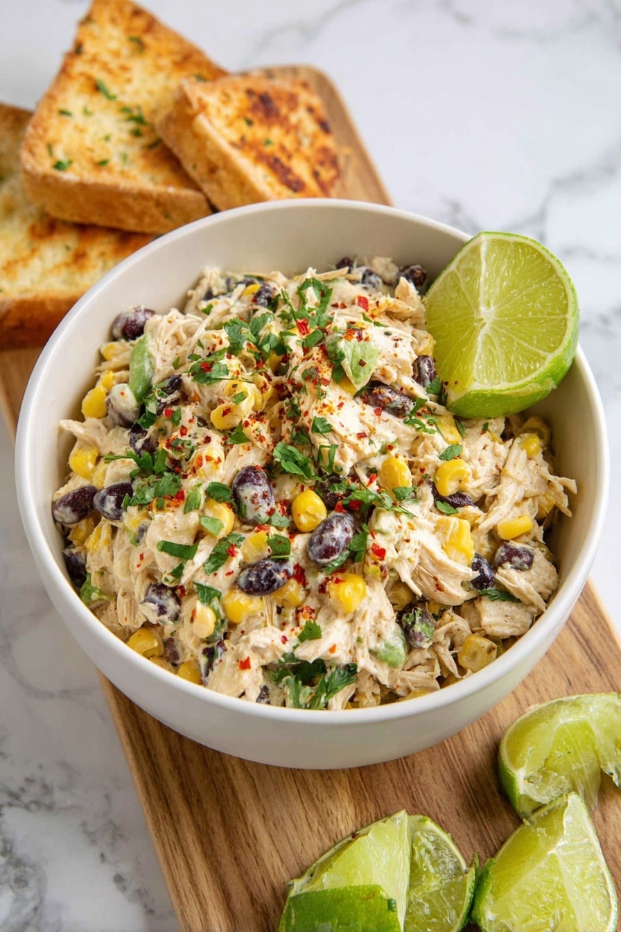Southwest Chicken Salad Recipe 8 A white bowl filled with a creamy salad made of shredded chicken mixed with yellow corn kernels, black beans, small pieces of green and red vegetables, and topped with chopped green herbs and a sprinkle of red spice. A green lime wedge is placed inside the bowl on one side. The bowl sits on a wooden board next to more lime wedges and toasted white bread triangles, all on a white marbled surface. photo taken with an iphone --ar 2:3 --v 7 - Southwest Chicken Salad, Southwest Chicken Salad recipe, easy chicken salad, healthy lunch ideas, quick dinner recipes
