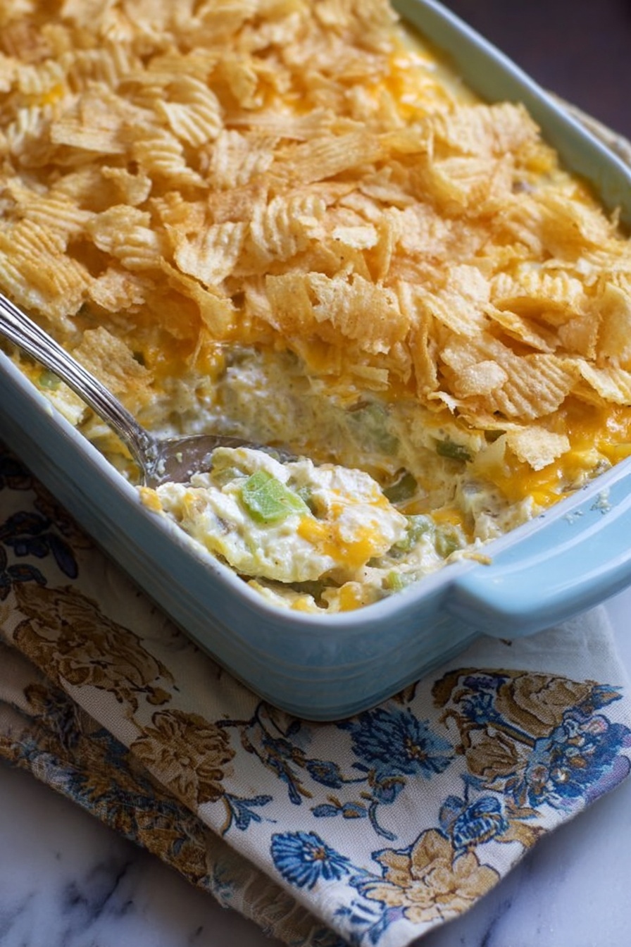 A light blue rectangular baking dish holds a creamy casserole with three visible layers: the bottom creamy layer mixed with small pieces of white and green vegetables, the middle layer thick and yellowish, likely melted cheese, and the top layer covered evenly with golden crinkle-cut potato chips, adding a crunchy texture. A silver spoon is scooping out some of the casserole, revealing the soft and cheesy inside. The dish sits on a folded cloth with blue and beige floral patterns on a white marbled surface. photo taken with an iphone --ar 2:3 --v 7 - Creamy Chicken Salad Casserole, chicken salad casserole, easy chicken casserole, creamy chicken bake, comfort food casserole