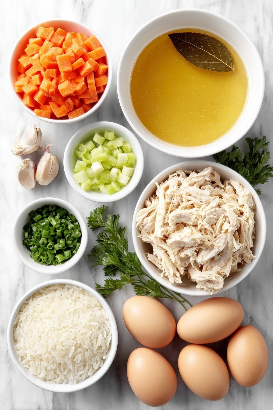 Greek Lemon Chicken Soup Recipe 7 Flat lay of a small white ceramic bowl of extra virgin olive oil, a small white bowl filled with finely chopped bright orange carrots, a small white bowl of finely chopped celery with fresh pale green stalks, a small white bowl containing finely chopped green onions with vivid green tops and white bottoms, two whole uncracked brown garlic cloves, a large white ceramic bowl of clear golden chicken broth with two fresh bay leaves floating on top, a small white bowl of uncooked white rice grains, two whole uncracked light brown eggs, a small white bowl of freshly squeezed yellow lemon juice, two cooked boneless chicken breasts shredded into pieces showing moist white meat, and a few sprigs of bright green fresh parsley, all arranged symmetrically on a clean white marble surface, soft natural light, photo taken with an iPhone, professional food photography style, fresh ingredients, white ceramic bowls, no bottles, no duplicates, no utensils, no packaging --ar 2:3 --v 7 --p m7354615311229779997 - Greek Lemon Chicken Soup, Avgolemono, Greek chicken soup, lemon chicken soup, comforting Greek soup