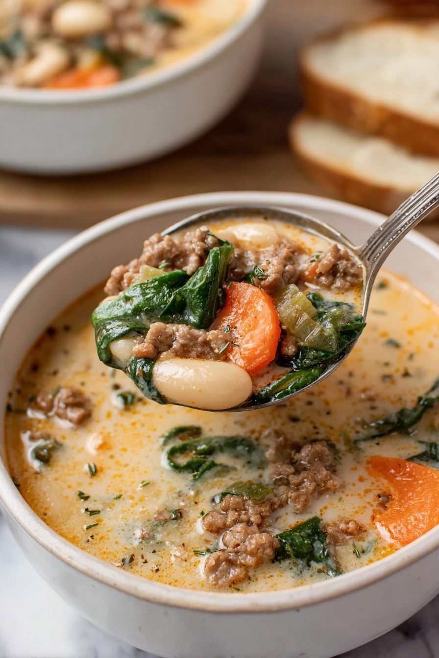 Tuscan White Bean Soup with Sausage Recipe 6 A white bowl sits on a white marbled surface filled with creamy soup that has a light orange color with specks of herbs and oil on top. Inside the soup are visible layers including bright orange carrot slices, green spinach leaves, chunks of browned ground meat, white beans, and small pieces of celery and onion. A metal ladle is lifting a portion of the soup, showing a close-up of the mixture with all its textured ingredients, with a soft focus of another bowl and slices of bread in the background. photo taken with an iphone --ar 2:3 --v 7 - Tuscan White Bean Soup with Sausage, hearty bean and sausage soup, Italian white bean soup, comforting sausage and bean stew, Tuscan-inspired soup