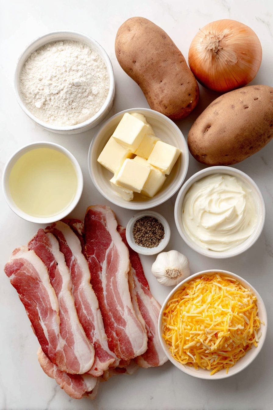 Creamy Baked Potato Soup with Bacon Recipe 7 Flat lay of four large russet potatoes, six thick-cut raw bacon slices, one whole large yellow onion, three whole garlic cloves, a small white ceramic bowl with two tablespoons of butter, a small white ceramic bowl with flour, a small white ceramic bowl filled with chicken broth, a small white ceramic bowl filled with half and half, a small white ceramic bowl containing sour cream, a small white ceramic bowl with ground black pepper, a small white ceramic bowl with shredded sharp yellow cheddar cheese, and a small pile of finely diced fresh chives, all arranged symmetrically on a clean white marble surface, soft natural light, photo taken with an iPhone, professional food photography style, fresh ingredients, white ceramic bowls, no bottles, no duplicates, no utensils, no packaging --ar 2:3 --v 7 --p m7354615311229779997 - Creamy Baked Potato Soup with Bacon, baked potato soup recipe, comforting potato soup, easy potato soup recipe, hearty bacon potato soup