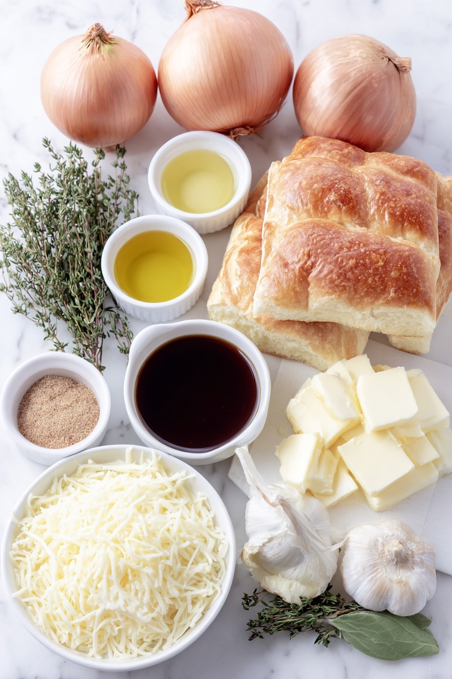 Classic French Onion Soup with Cheese Recipe 7 Flat lay of three medium yellow onions, two whole garlic cloves, a small bunch of fresh thyme sprigs, one fresh bay leaf, a small white ceramic bowl of olive oil, a small white ceramic bowl of light brown sugar, a small white ceramic bowl of Worcestershire sauce, a small white ceramic bowl of butter, a small white ceramic bowl of all-purpose flour, a small white ceramic bowl of red wine, a small white ceramic bowl of beef stock, a small white ceramic bowl of kosher salt, a small white ceramic bowl of black pepper, several slices of crusty French bread, a small white ceramic bowl of shredded Gruyere cheese, a small white ceramic bowl of shredded mozzarella cheese placed on a clean white marble surface, soft natural light, photo taken with an iPhone, professional food photography style, fresh ingredients, white ceramic bowls, no bottles, no duplicates, no utensils, no packaging --ar 2:3 --v 7 --p m7354615311229779997 - French Onion Soup with Cheese, Classic French Onion Soup, Easy French Onion Soup, Caramelized Onion Soup, Cheesy French Onion Soup
