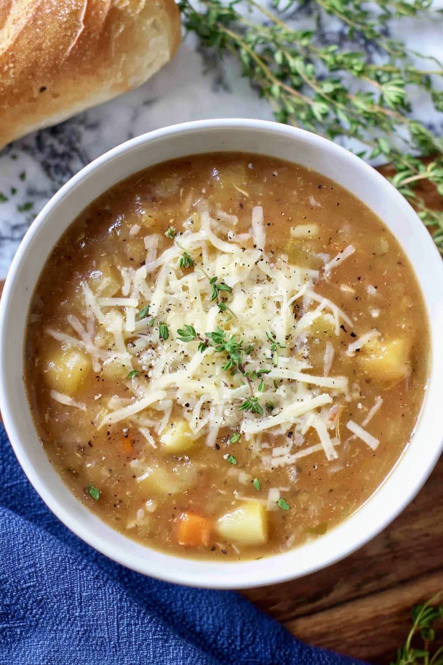 A white bowl filled with light brown broth soup that has thick yellowish egg noodles and small bits of shredded chicken mixed with green herbs, with a silver spoon resting inside the bowl on the left side. Behind the bowl, there is a torn loaf of golden-brown bread placed on a blue cloth, along with some fresh green herbs and a colorful blue and yellow package of egg noodles resting against the bread. The scene is set on a wooden surface with a white marbled texture in the background photo taken with an iphone --ar 2:3 --v 7 - French Onion Noodle Soup, French Onion Soup with Noodles, Caramelized Onion Soup, Easy One-Pot Noodle Soup, Comforting French Onion Meal