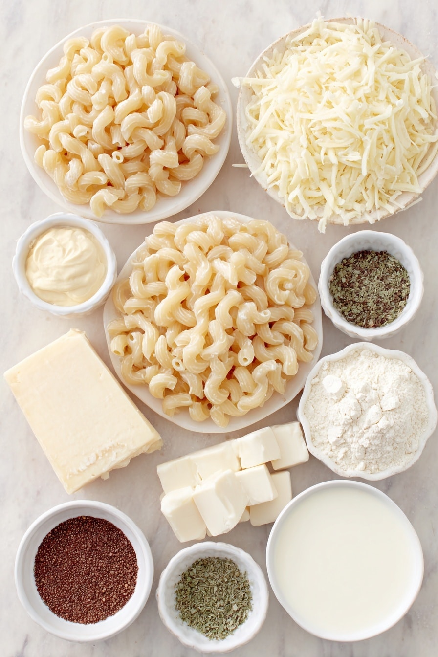 Creamy Million Dollar Mac and Cheese Recipe 7 Flat lay of cavatappi pasta piled loosely, a few cubes of unsalted butter stacked neatly, a small mound of all-purpose flour on a white ceramic plate, whole milk poured into a small white ceramic bowl, evaporated milk in another small white ceramic bowl, Dijon mustard dolloped in a tiny white ceramic bowl, dried garlic powder sprinkled gently on a white ceramic dish, onion powder arranged on a simple white plate, dried parsley lightly scattered on a white ceramic plate, black peppercorns whole in a small white bowl, freshly shredded cheddar cheese in a neat pile on a white plate, shredded Monterey Jack cheese similarly arranged on a white ceramic plate, shredded Gruyère cheese neatly piled on a simple white plate, a smooth dollop of sour cream in a small white bowl, seasoned panko breadcrumbs in a small white bowl, melted butter in another small white ceramic bowl, all elements balanced symmetrically and proportionally, placed on a clean white marble surface, soft natural light, photo taken with an iPhone, professional food photography style, fresh ingredients, white ceramic bowls, no bottles, no duplicates, no utensils, no packaging --ar 2:3 --v 7 --p m7354615311229779997 - Creamy Million Dollar Mac and Cheese, cheesy baked macaroni, comfort food recipes, easy cheesy casseroles, homemade mac and cheese