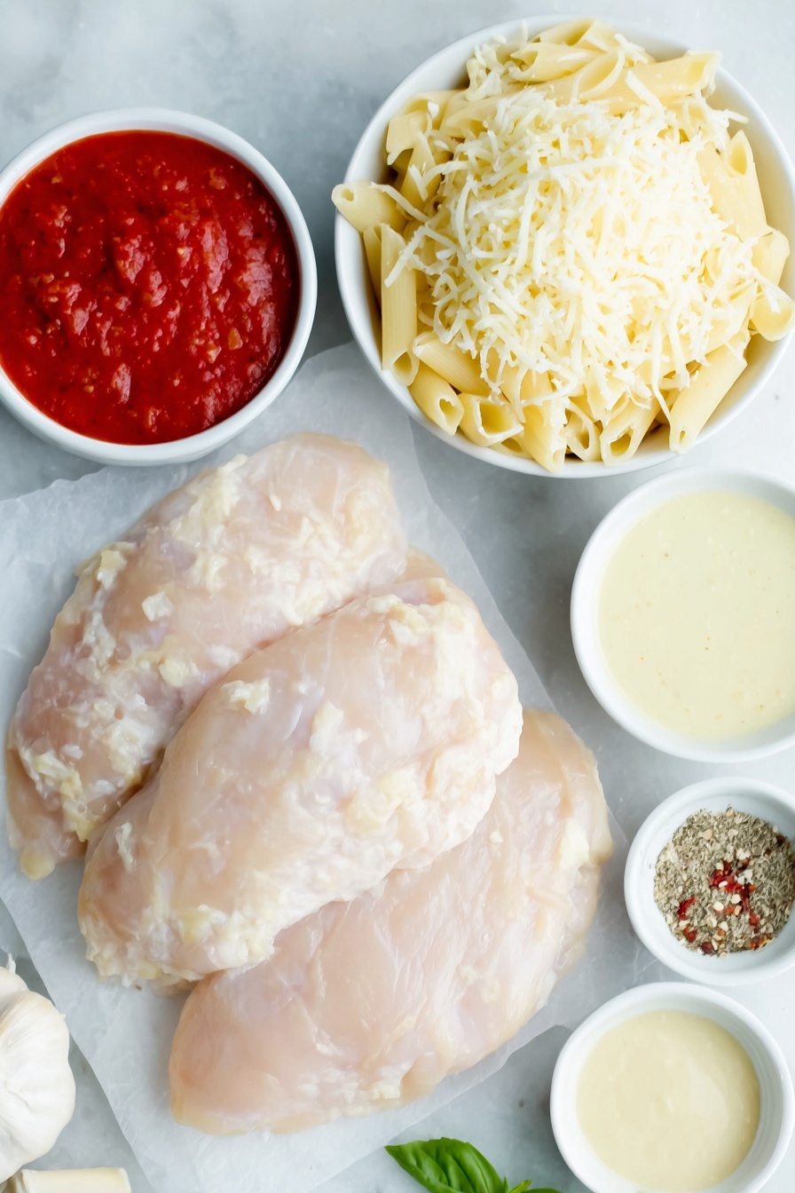 Cheesy Chicken Pasta Crockpot Recipe 7 Flat lay of fresh boneless, skinless chicken breasts, a small mound of shredded mozzarella cheese, a small white bowl filled with bright red marinara sauce, a small white bowl with creamy Alfredo sauce, a small white bowl of freshly minced garlic, a small white bowl containing a mix of black pepper, onion powder, Italian seasoning, and red pepper flakes, a handful of uncooked gluten-free penne pasta, a small mound of grated Parmesan cheese, and a few sprigs of fresh green basil leaves all arranged symmetrically on a clean white ceramic surface, placed on a clean white marble surface, soft natural light, photo taken with an iPhone, professional food photography style, fresh ingredients, white ceramic bowls, no bottles, no duplicates, no utensils, no packaging --ar 2:3 --v 7 --p m7354615311229779997 - Cheesy Chicken Pasta Crockpot, easy crockpot chicken pasta, creamy chicken pasta recipe, slow cooker cheesy pasta, kid-friendly chicken pasta