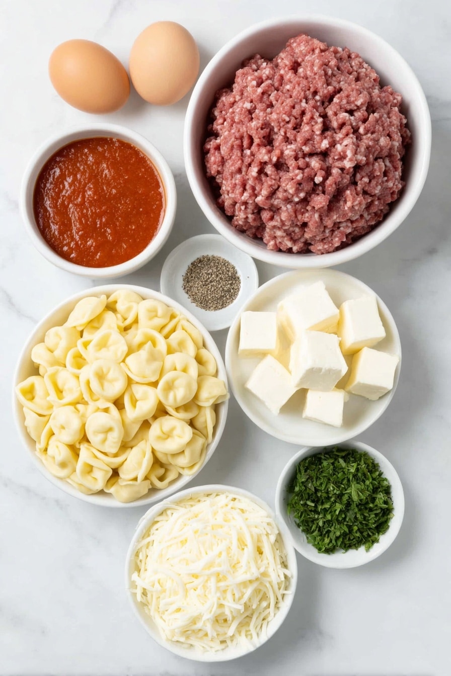 Cheesy Baked Tortellini Casserole Recipe 7 Flat lay of fresh cheese tortellini arranged in a small mound, a mound of raw ground beef with a bright red hue, a few cubes of creamy white cream cheese, a small white ceramic bowl filled with vibrant red tomato pasta sauce, a small white bowl heaped with shredded mozzarella cheese strands, a small white bowl with finely grated pale yellow parmesan cheese, a few fresh sprigs of green Italian seasoning herbs, a small white bowl of mixed coarse salt and black peppercorns, whole uncracked brown eggs placed symmetrically, all placed on a clean white marble surface, soft natural light, photo taken with an iPhone, professional food photography style, fresh ingredients, white ceramic bowls, no bottles, no duplicates, no utensils, no packaging --ar 2:3 --v 7 --p m7354615311229779997 - Cheesy Baked Tortellini Casserole, baked tortellini recipes, cheesy pasta casserole, easy comfort food, hearty tortellini dinner