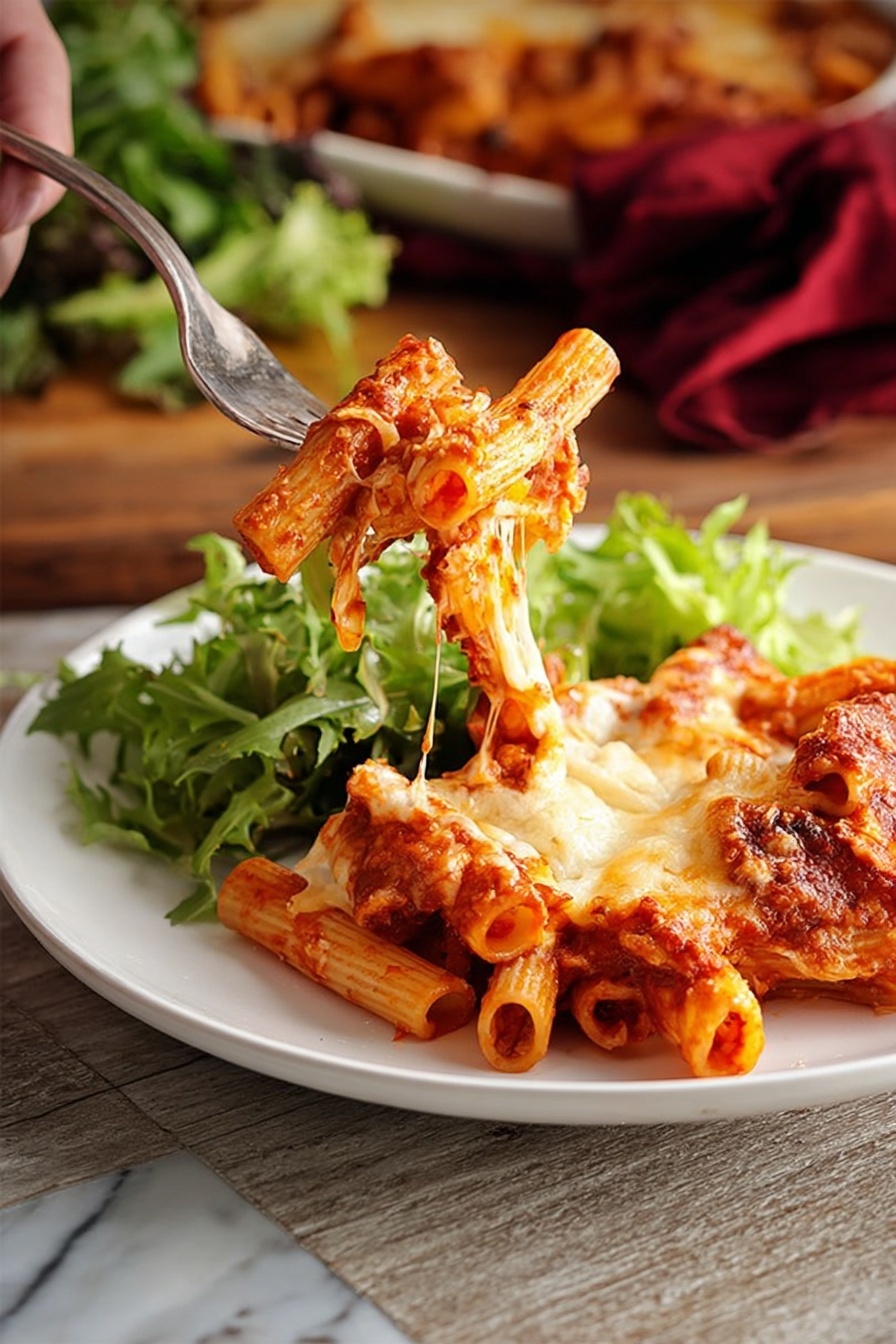 Cheesy Baked Ziti Recipe 6 The image shows a white plate with baked rigatoni pasta covered in red tomato sauce and melted cheese. A woman's hand is using a fork to lift a few pieces of pasta, stretching melted cheese from the plate to the fork. Behind the pasta on the plate, there is a fresh green salad with leafy greens. The scene is set on a wooden textured surface with a white marbled background just out of view in the frame. Photo taken with an iphone --ar 2:3 --v 7 - Cheesy Baked Ziti, baked ziti recipe, Italian baked pasta, cheesy baked pasta dish, comfort food recipes