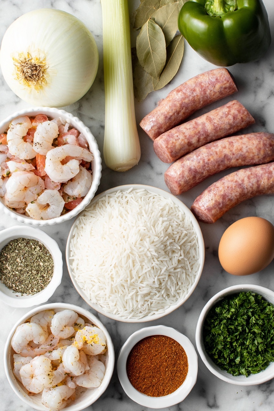 Slow Cooker Shrimp and Chicken Jambalaya Recipe 7 Flat lay of a whole white onion, three fresh celery ribs with leaves, a green bell pepper, three garlic cloves, sliced smoked sausage, bite-sized raw chicken pieces, a small white ceramic bowl of diced fresh tomatoes, a small white ceramic bowl of dried oregano, two whole bay leaves, a small white ceramic bowl of reddish Creole seasoning powder, large raw shrimp with shells on, a small white ceramic bowl of long grain white rice, two whole brown eggs, a small white ceramic bowl of salt, a small white ceramic bowl of black pepper, and fresh chopped parsley scattered gently, all arranged in perfect symmetry on a clean white marble surface, soft natural light, photo taken with an iPhone, professional food photography style, fresh ingredients, white ceramic bowls, no bottles, no duplicates, no utensils, no packaging --ar 2:3 --v 7 --p m7354615311229779997 - Slow Cooker Shrimp and Chicken Jambalaya, Cajun chicken and shrimp stew, easy slow cooker jambalaya, hearty seafood and chicken dish, Creole inspired slow cooker meal