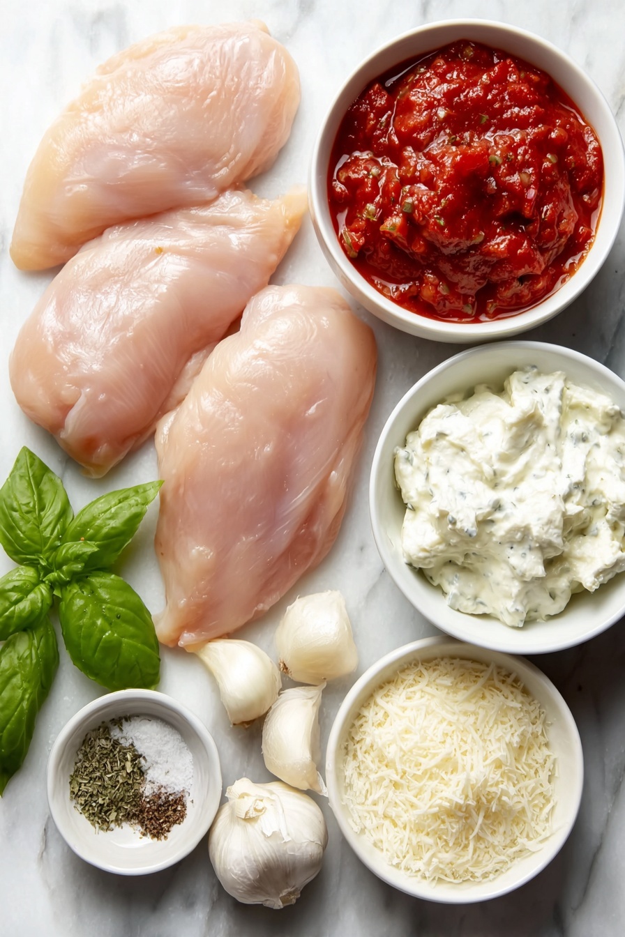 Creamy Tomato Basil Chicken in Slow Cooker Recipe 7 Flat lay of four raw boneless skinless chicken breasts, a small white bowl of diced fresh tomatoes with Italian herbs and juice, a small white bowl of rich red marinara sauce, three whole garlic cloves, a small white bowl of heavy whipping cream, a small white bowl of fine white cornstarch powder, a small white bowl of mixed Italian seasoning herbs, a small white bowl of dried basil leaves, a small white bowl of salt crystals, a small white bowl of ground black pepper, a few sprigs of fresh bright green basil, and a small white bowl of grated Parmesan cheese, all arranged symmetrically on a clean white marble surface, soft natural light, photo taken with an iPhone, professional food photography style, fresh ingredients, white ceramic bowls, no bottles, no duplicates, no utensils, no packaging --ar 2:3 --v 7 --p m7354615311229779997 - Creamy Tomato Basil Chicken Slow Cooker, easy slow cooker chicken recipes, comfort food chicken dinner, creamy chicken recipes, weeknight slow cooker meals