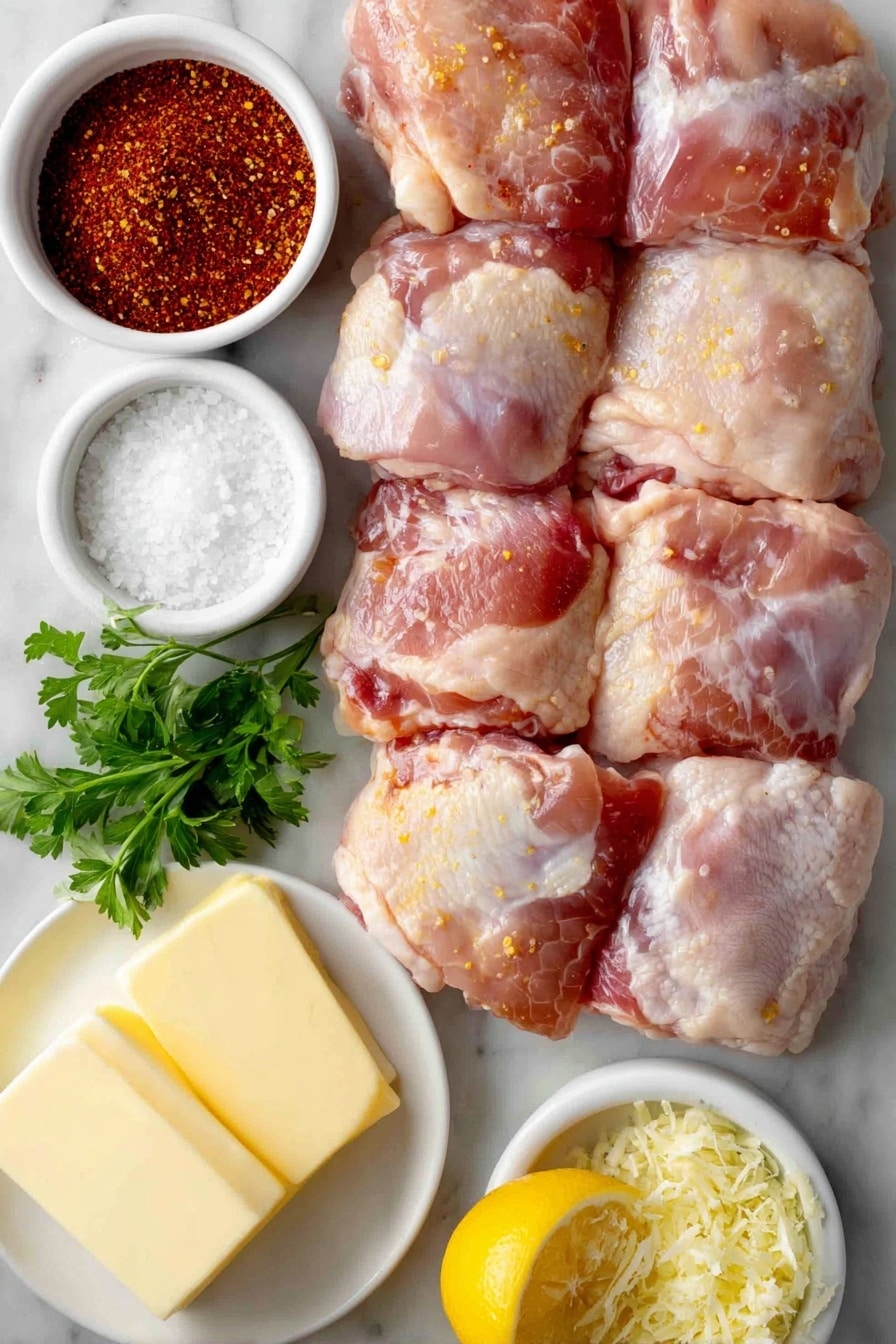 Crockpot Lemon Garlic Chicken Thighs Recipe 7 Flat lay of fresh boneless skinless chicken thighs neatly arranged, a small white bowl of vibrant red paprika powder, a small white bowl of coarse salt crystals, a small white bowl of finely ground garlic powder, a small white bowl of onion powder, a small white bowl of cracked black pepper, a small white bowl of crushed red pepper flakes, a medium lemon whole with bright yellow skin next to a small white bowl containing freshly minced garlic, several slices of creamy salted butter stacked delicately on a simple white ceramic plate, a small white bowl with lemon zest, a few sprigs of fresh bright green parsley, and a halved lemon showing its juicy interior placed beside the ingredients, all placed on a clean white marble surface, soft natural light, photo taken with an iPhone, professional food photography style, fresh ingredients, white ceramic bowls, no bottles, no duplicates, no utensils, no packaging --ar 2:3 --v 7 --p m7354615311229779997 - Crockpot Lemon Garlic Chicken Thighs, easy slow cooker chicken, juicy chicken recipes, lemon garlic chicken dinner, effortless crockpot chicken