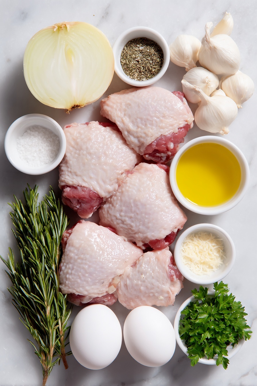 Greek Lemon Chicken Slow Cooker Recipe 7 Flat lay of yellow potato chunks, a halved yellow onion with visible layers, whole uncracked brown eggs, whole garlic cloves with papery skins, small white ceramic bowls containing dried oregano, dried basil, crushed dried rosemary, coarse salt, freshly ground black pepper, a pile of bone-in, skin-on chicken thighs with trimmed skin, a small white bowl of olive oil, a small white bowl of chicken broth, a small white bowl of fresh lemon juice, fresh lemon zest arranged loosely, and fresh parsley sprigs, all arranged symmetrically on a clean white marble surface, soft natural light, photo taken with an iPhone, professional food photography style, fresh ingredients, white ceramic bowls, no bottles, no duplicates, no utensils, no packaging --ar 2:3 --v 7 --p m7354615311229779997 - Greek Lemon Chicken Slow Cooker, Greek Lemon Chicken Recipe, Easy Lemon Chicken, Healthy Slow Cooker Dinner, Greek-inspired Chicken