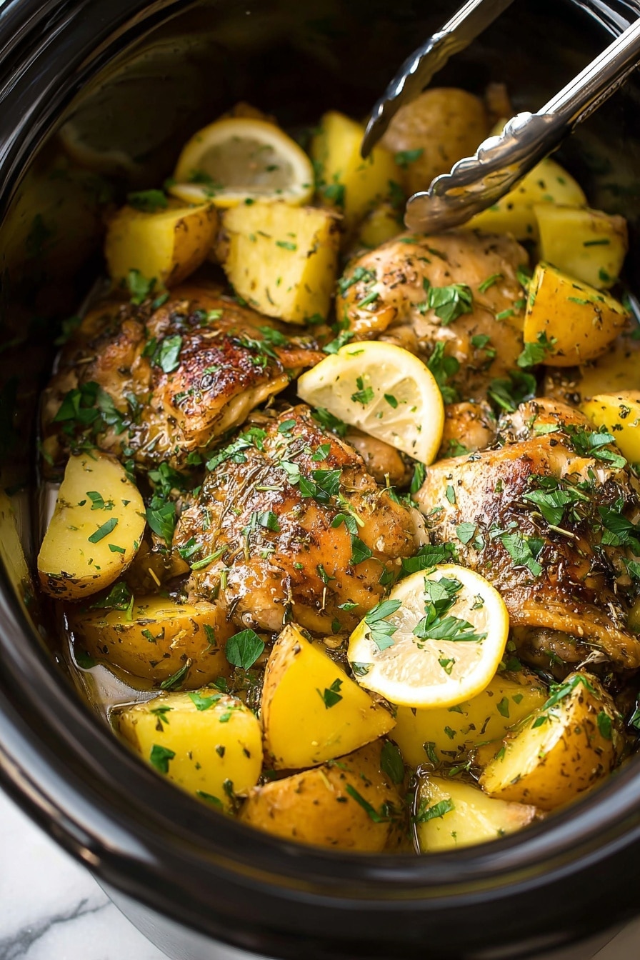 The image shows a close-up of a slow cooker filled with golden brown cooked chicken thighs seasoned with herbs. Around and under the chicken thighs are thick pieces of yellow potatoes, slightly shiny from cooking juices, and decorated with chopped green parsley. Thin lemon wedges add little bright yellow accents layered on top and between the chicken and potatoes. A pair of metal tongs holds some of the potato pieces, and the inside of the slow cooker is black, contrasting with the warm tones of the food. The whole image is set against a white marbled texture surface. photo taken with an iphone --ar 2:3 --v 7 - Greek Lemon Chicken Slow Cooker, Greek Lemon Chicken Recipe, Easy Lemon Chicken, Healthy Slow Cooker Dinner, Greek-inspired Chicken