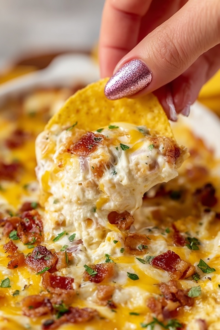 A close-up image showing a woman's hand with sparkly pink nail polish holding a yellow tortilla chip scooping a creamy mix from a dish. The dish has a thick layer of melted yellow and white cheese on top, with visible bits of browned bacon and small green herb pieces scattered over the cheese. The cheese looks smooth and stretchy, covering a creamy base beneath, with a white marbled surface faintly visible in the background. Photo taken with an iphone --ar 2:3 --v 7 - Crack Chicken Dip, savory party dip, cheesy chicken dip, creamy appetizer, easy dip recipe