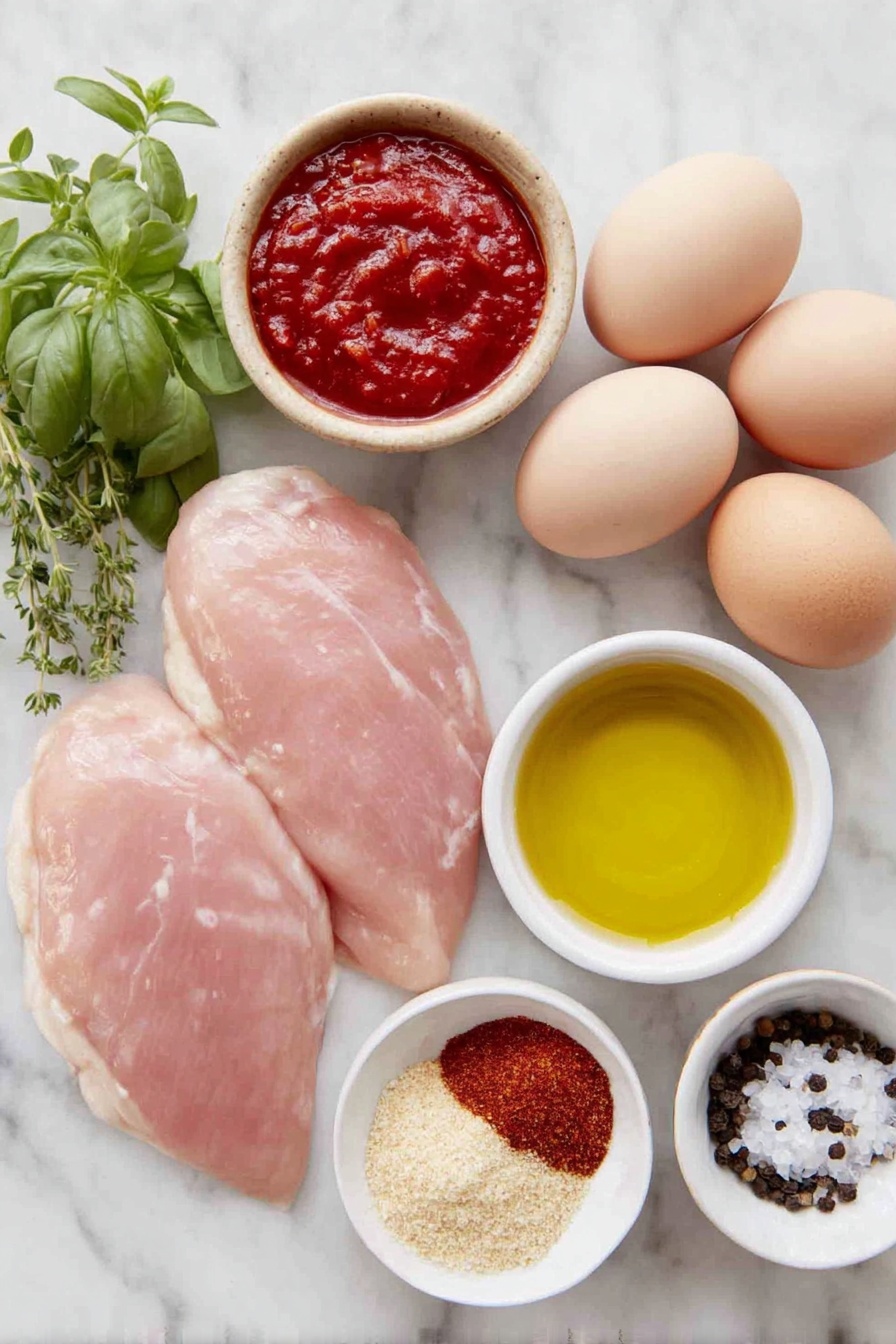 Oven BBQ Chicken Breast Recipe 7 Flat lay of boneless skinless chicken breasts with natural pinkish color, a few sprigs of fresh paprika plant leaves beside a small white ceramic bowl filled with vibrant red BBQ sauce, a small white bowl holding golden olive oil, another small white bowl containing a mixed spice blend of reddish paprika powder, pale beige garlic powder, and light brown onion powder, a few whole uncracked brown eggs, a small white bowl of coarse white salt crystals, and a small white bowl with black peppercorns, all arranged in perfect symmetry on a clean white marble surface, soft natural light, photo taken with an iPhone, professional food photography style, fresh ingredients, white ceramic bowls, no bottles, no duplicates, no utensils, no packaging --ar 2:3 --v 7 --p m7354615311229779997 - Oven BBQ Chicken Breast, easy BBQ chicken dinner, baked chicken recipes, juicy oven chicken, quick chicken dinner