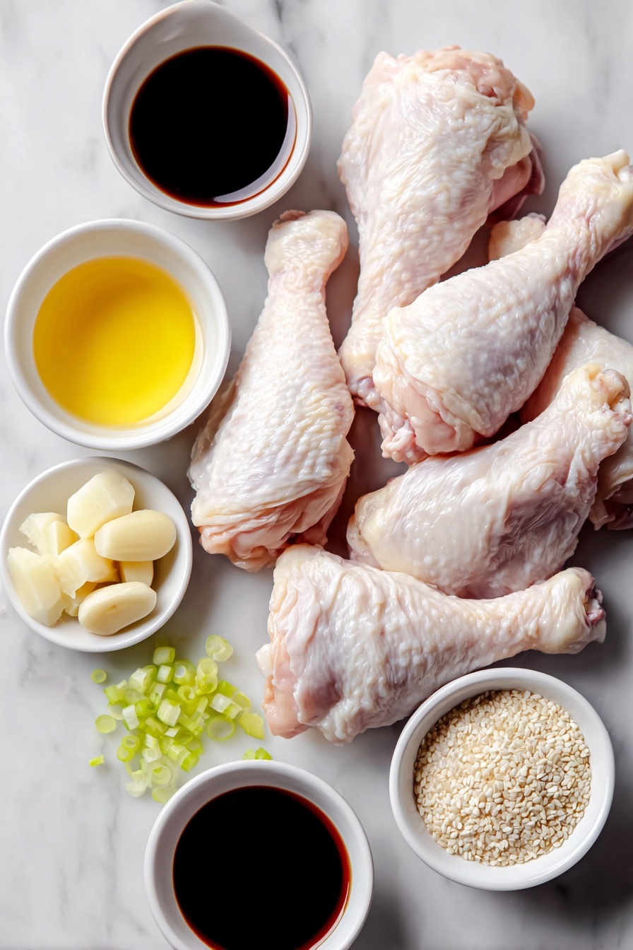 Honey Soy Baked Chicken Drumsticks Recipe 7 Flat lay of ten fresh raw chicken drumsticks, a small white bowl of golden honey, a small white bowl of dark soy sauce, a small white bowl of amber sesame oil, four peeled garlic cloves, a small pile of minced fresh ginger, a small white bowl of coarse salt and freshly cracked black pepper, a small white bowl of toasted sesame seeds, two bright green diced scallions scattered neatly beside the bowls, placed on a clean white marble surface, soft natural light, photo taken with an iPhone, professional food photography style, fresh ingredients, white ceramic bowls, no bottles, no duplicates, no utensils, no packaging --ar 2:3 --v 7 --p m7354615311229779997 - Honey Soy Baked Chicken Drumsticks, easy baked chicken recipes, flavorful chicken dinner ideas, juicy chicken drumsticks, quick family dinner recipes