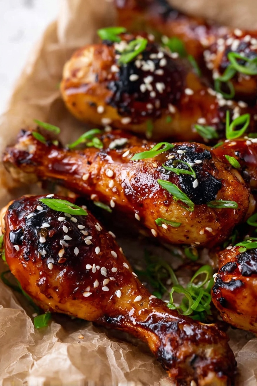 Honey Soy Baked Chicken Drumsticks Recipe 8 A close-up view of several grilled chicken drumsticks with a shiny, dark brown glaze and charred spots on the skin. The drumsticks are topped with white sesame seeds and sliced green onions scattered over them. They rest on crumpled parchment paper. The background is a white marbled surface photo taken with an iphone --ar 2:3 --v 7 - Honey Soy Baked Chicken Drumsticks, easy baked chicken recipes, flavorful chicken dinner ideas, juicy chicken drumsticks, quick family dinner recipes
