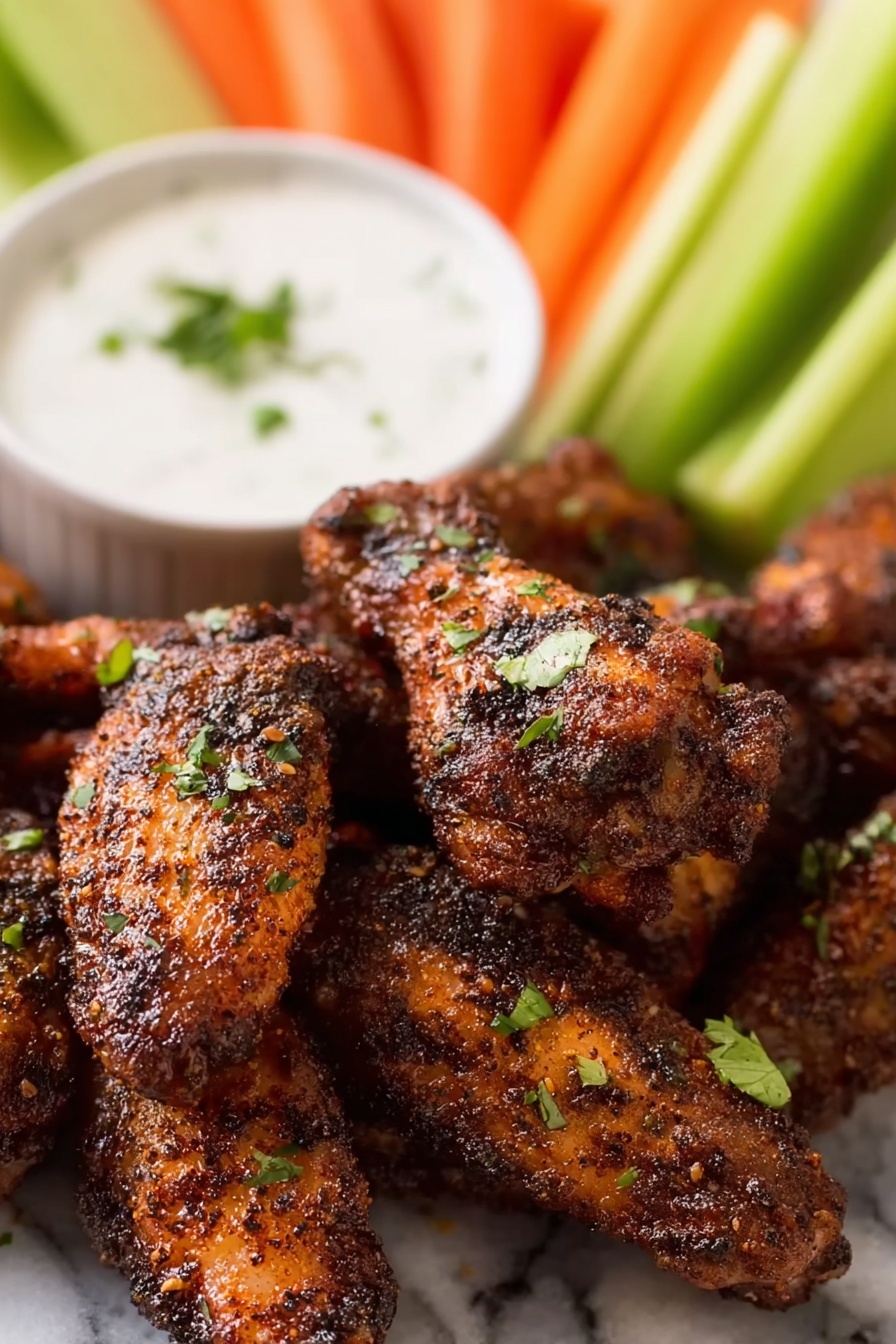 Dry Rub Baked Chicken Wings with Gorgonzola Sauce Recipe 8 The image shows a close-up of a pile of crispy chicken wings with a dark brown, textured seasoning coating. The wings are sprinkled with small green herb pieces. Behind the wings, there is a white bowl filled with creamy white dipping sauce topped with a little green herb. In the background, there are long, fresh carrot sticks and celery sticks standing vertically. The whole scene is set against a white marbled surface. photo taken with an iphone --ar 2:3 --v 7 - Dry Rub Baked Chicken Wings with Gorgonzola Sauce, baked chicken wings, crispy chicken wings, Gorgonzola wings, flavorful chicken wing recipe