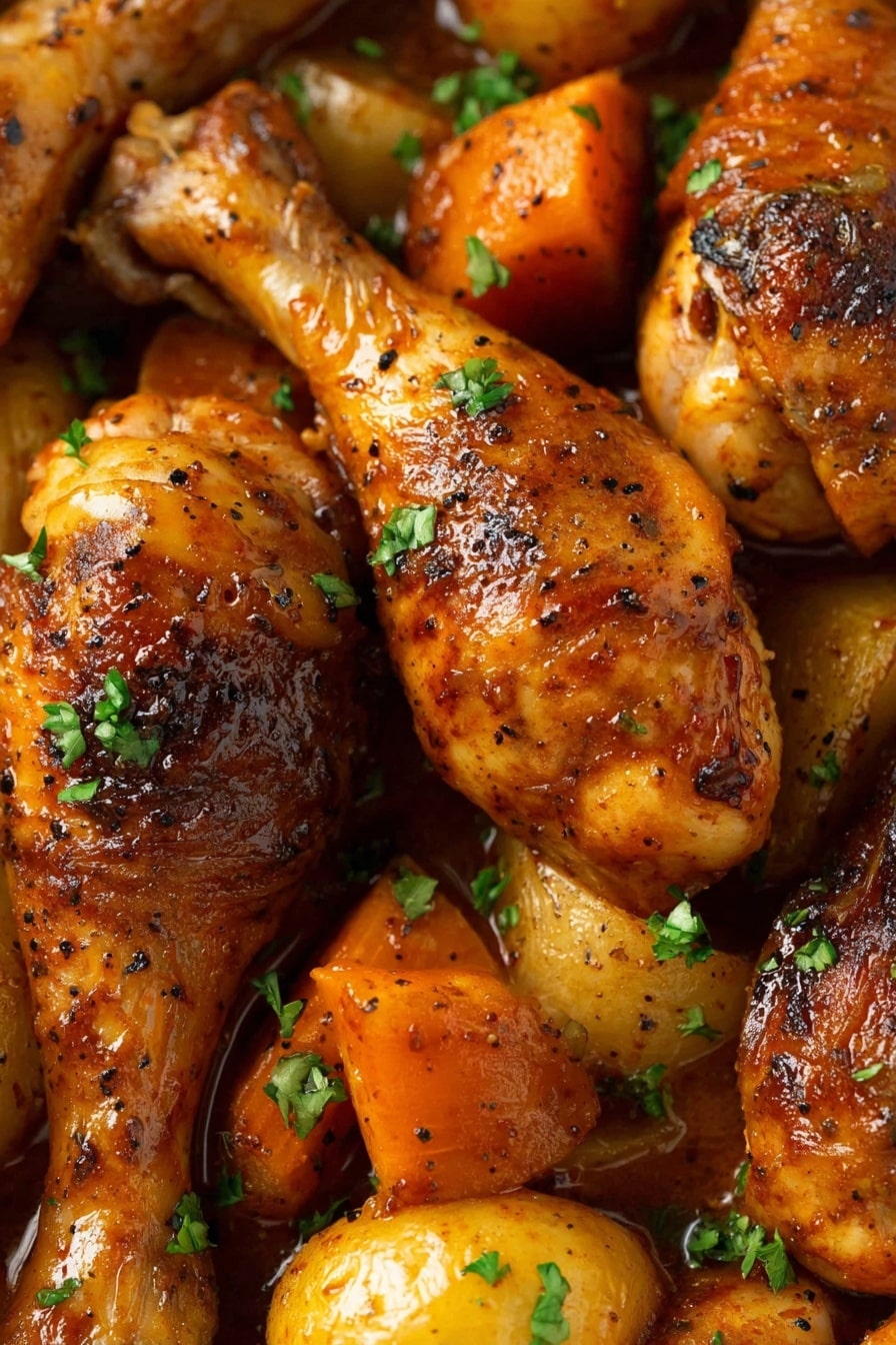 Baked Chicken Leg with Vegetables Recipe 8 The image shows several pieces of cooked chicken drumsticks and thighs with a shiny, brownish-orange sauce coating them. Scattered among the chicken are chunks of carrots and potatoes that have a soft, slightly browned look. Some small green leaves of parsley are sprinkled on top as garnish. The textures are moist and tender with a slight char on some chicken pieces, giving a rustic and well-cooked feel. The food is close-up and fills the entire frame, creating a warm, hearty appearance. photo taken with an iphone --ar 2:3 --v 7 - Baked Chicken Leg with Vegetables, baked chicken thighs, easy chicken dinner, healthy roasted chicken recipe, quick vegetable chicken meal