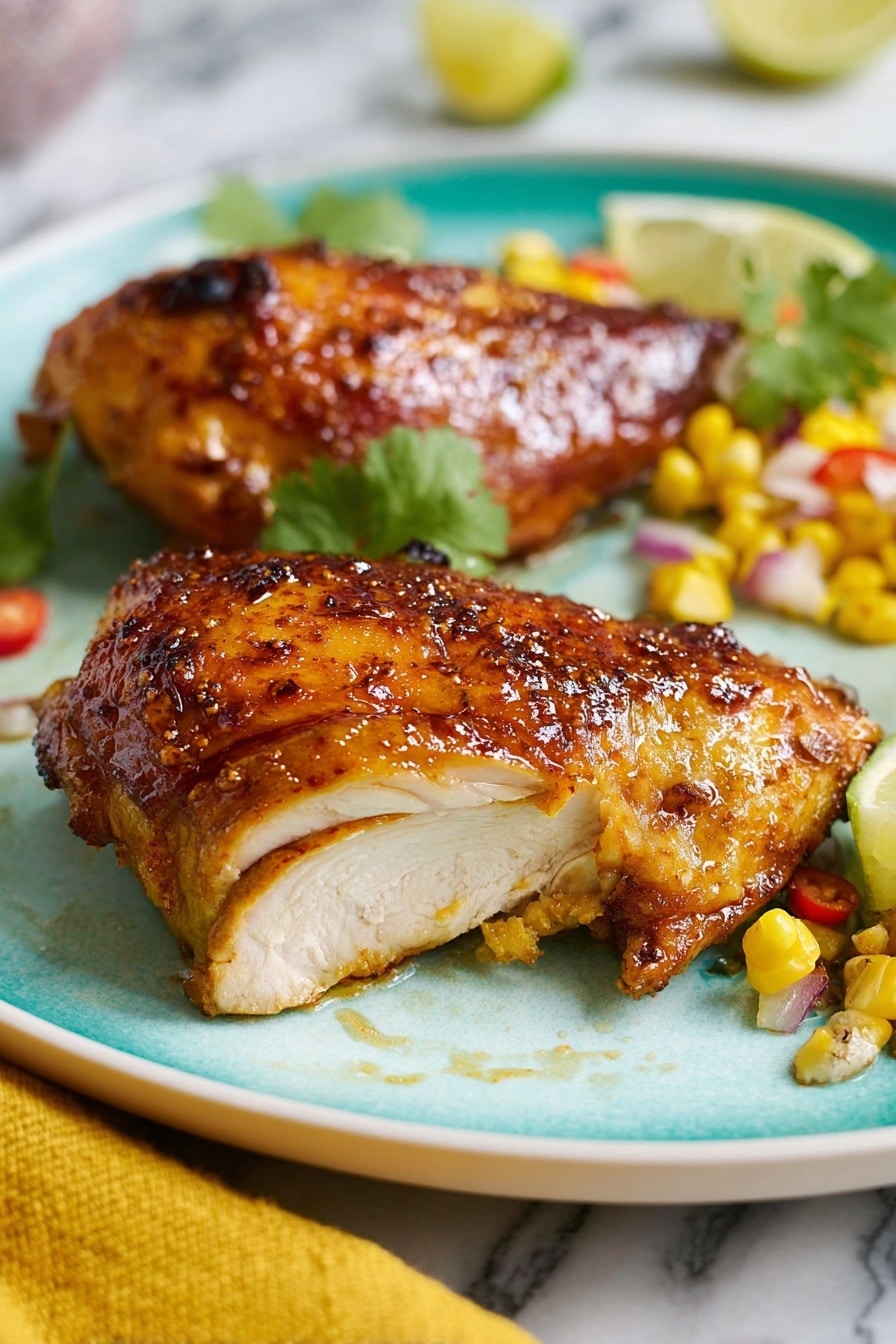 Easy Pollo Asado Recipe 6 The image shows two roasted chicken pieces on a white plate with a turquoise inner surface. The front chicken piece has a shiny golden-brown skin with a slightly crisp texture and a juicy, white inside visible where it is sliced. Behind this piece, there is another browned chicken piece with a rich, caramelized surface. Around the chicken are small pieces of light yellow lemon wedges and bright green cilantro leaves. To the side, there is a small mix of diced corn kernels, white onions, and red peppers. The plate rests on a white marbled surface, with part of a yellow cloth visible at the bottom left. photo taken with an iphone --ar 2:3 --v 7 - Easy Pollo Asado, pollo asado marinade, grilled pollo asado, flavorful chicken recipes, Mexican chicken dishes